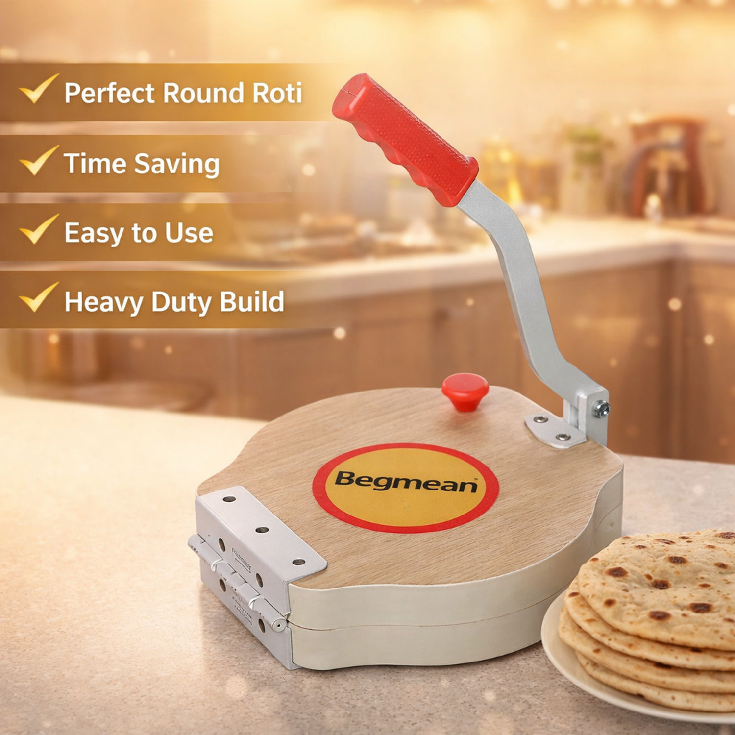 Image of BEGMEAN Wooden Papad Press 10 Inch Puri & Khakhra Maker Machine Iron Handle Roti Press Roti and Khakra Maker