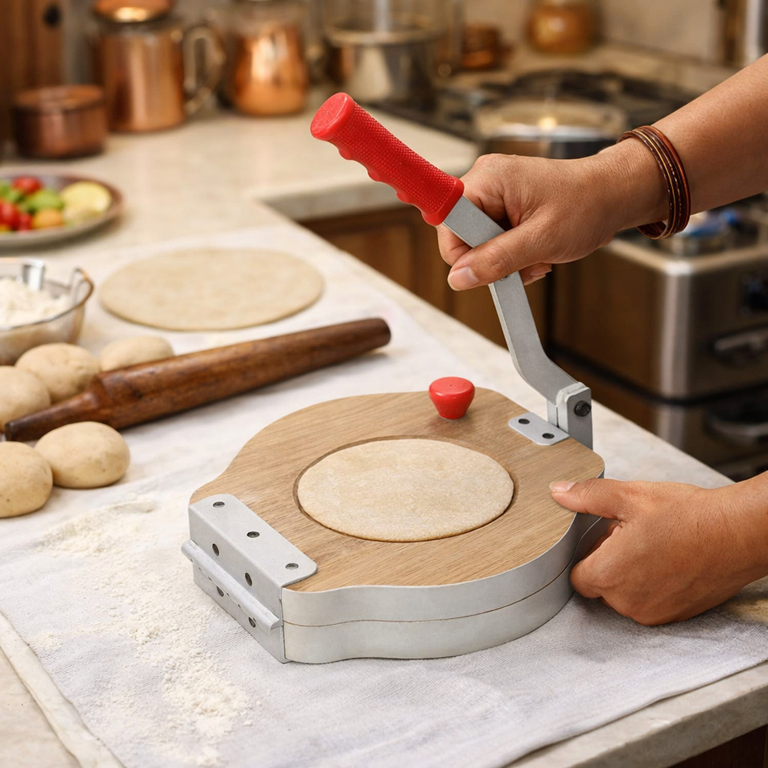 Image of BEGMEAN Wooden Papad Press 10 Inch Puri & Khakhra Maker Machine Iron Handle Roti Press Roti and Khakra Maker