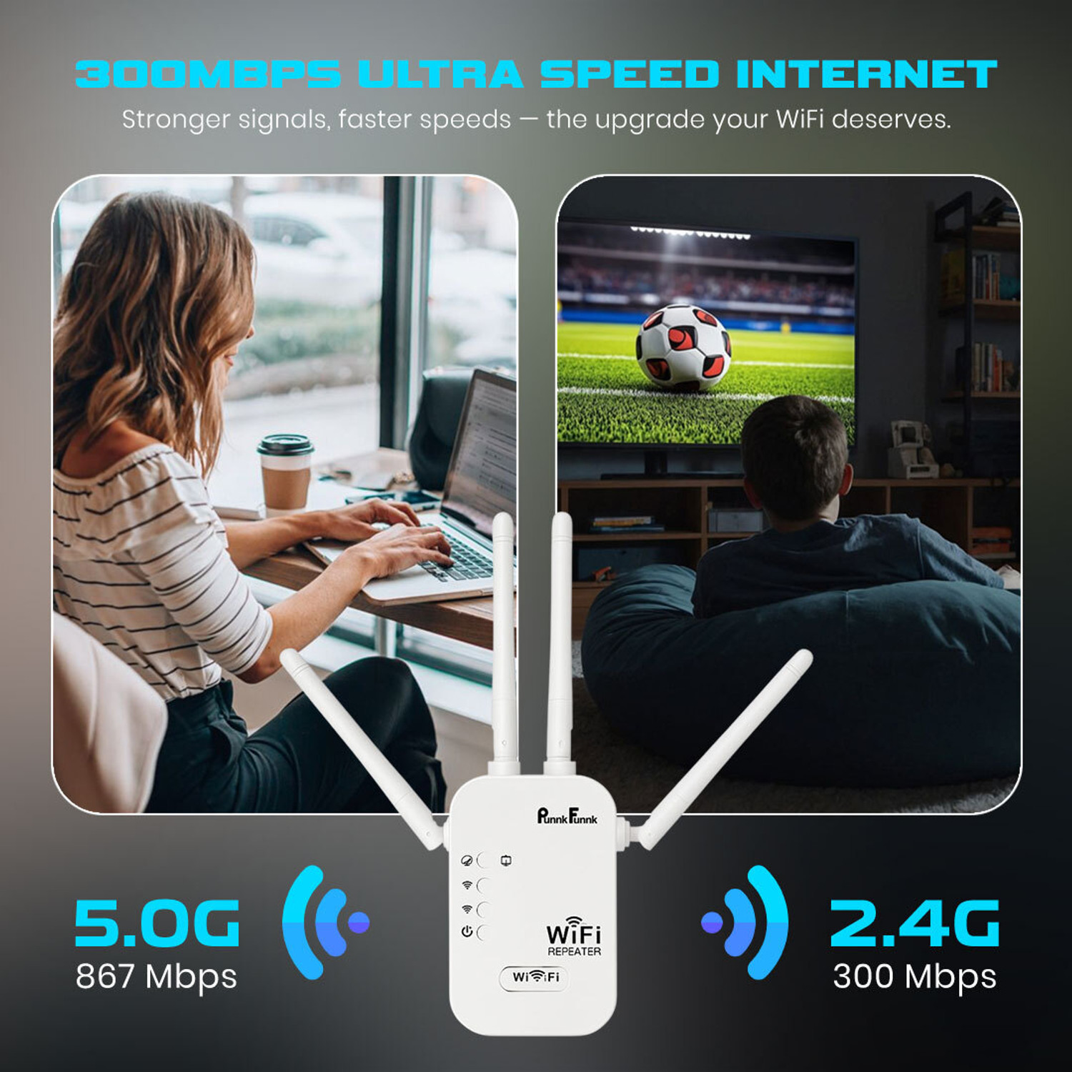 Image of PunnkFunnk Repeater WiFi Range Extender 2.4 GHz 300 Mbps Wifi Speed Dual Band External Antenna Ethernet (Cable Broadband)