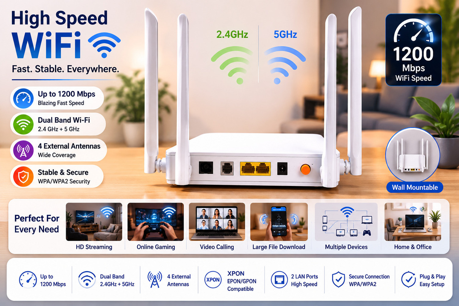 Image of Syrotech WiFi Xpon ONT - S-XPON-2010-WDONTA 37 Wireless Router 2.4 GHz 1200 Mbps Wifi Speed Dual Band External Antenna Ethernet (Cable Broadband)