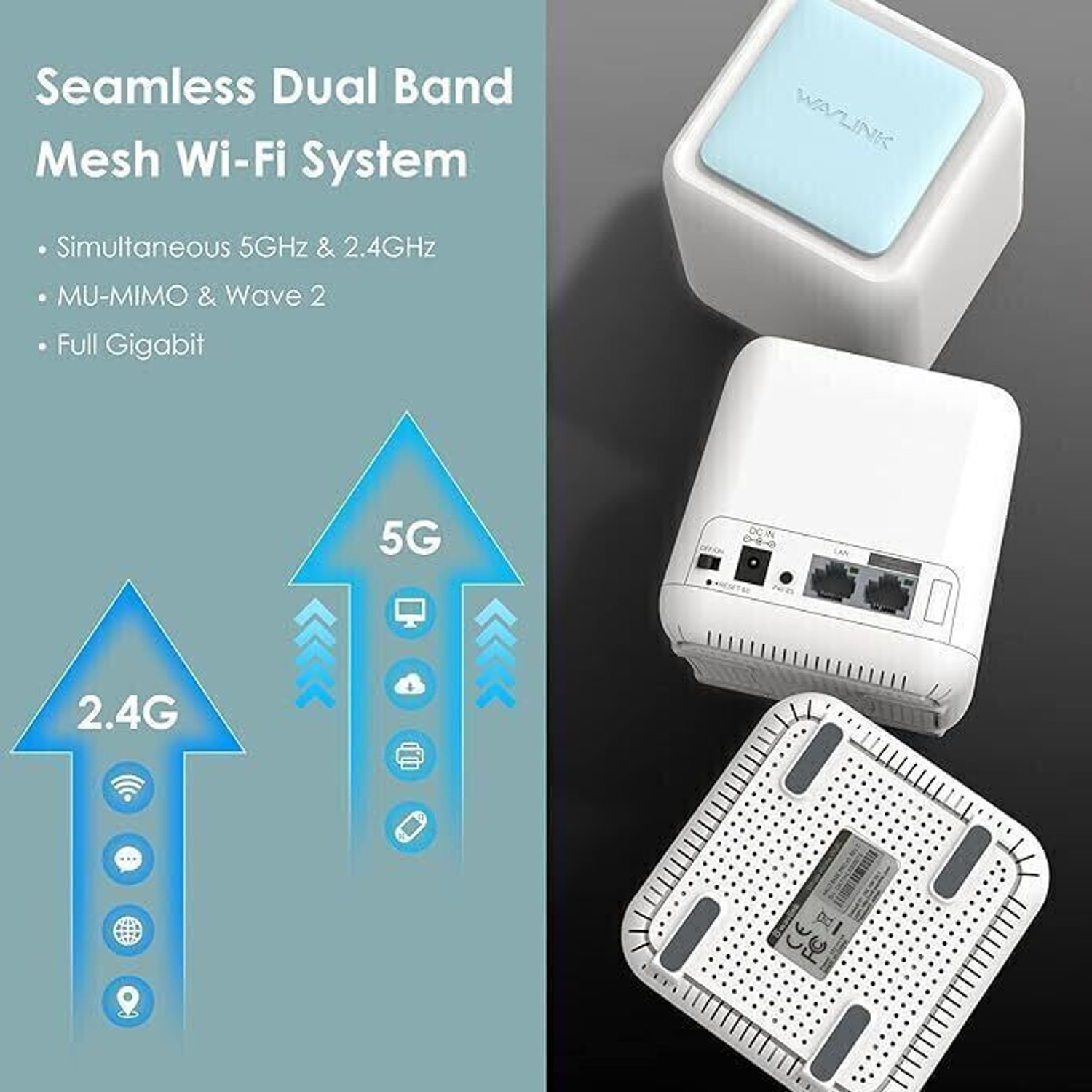 Image of WAVLINK HALO BASE PRO X2 MU-MIMU Gigabit AC 1200 Whole Home Mesh System Dual Band Mesh Router 2.4 GHz, 5 GHz 1200 Mbps Wifi Speed Dual Band Internal Antenna Ethernet (Cable Broadband)