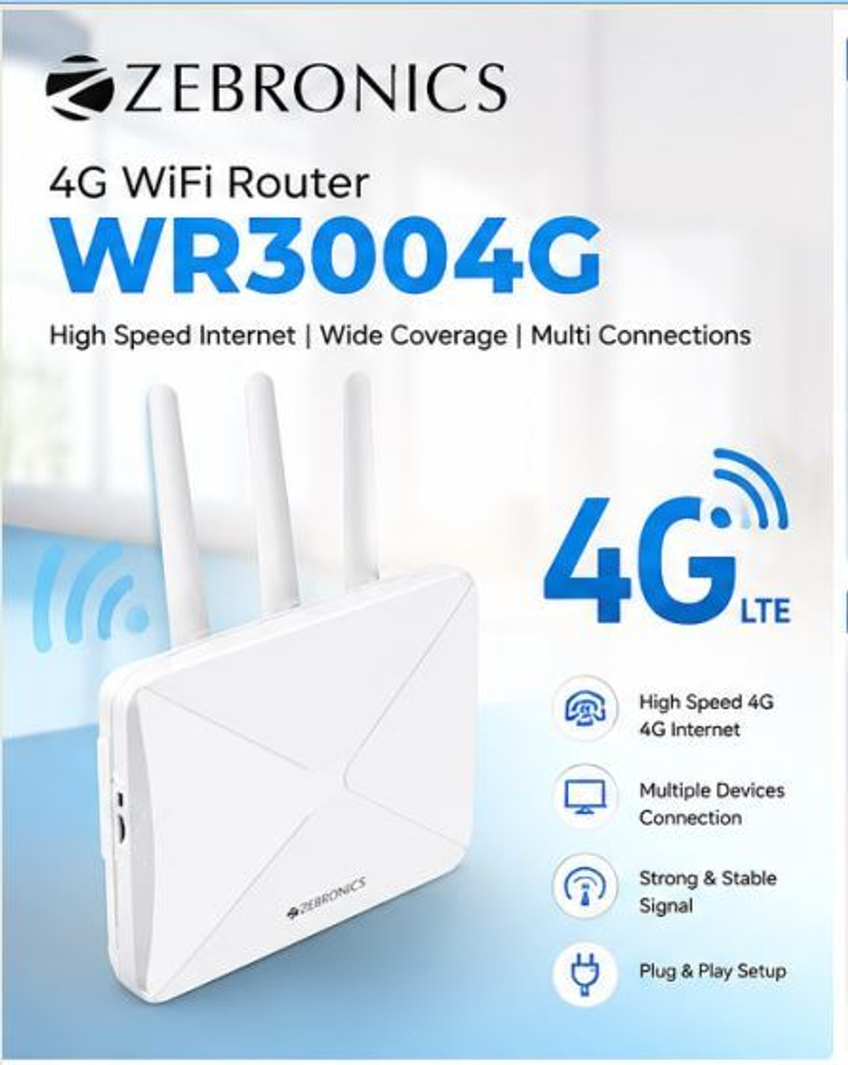 Image of zebronic 4G /5G ROUTER MULTI SIM SUPPORT Wi-Fi 6 4G Router 5 GHz 300 Mbps Wifi Speed Dual Band External Antenna Ethernet (Cable Broadband)
