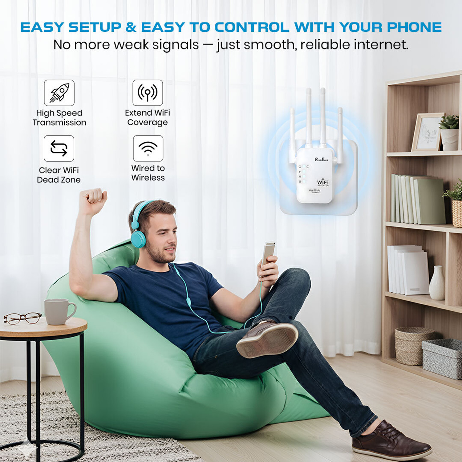 Image of PunnkFunnk Repeater WiFi Range Extender 2.4 GHz 300 Mbps Wifi Speed Dual Band External Antenna Ethernet (Cable Broadband)