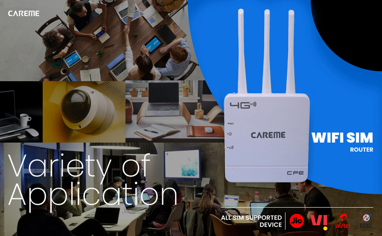 Image of CareME 5G & 4G Sim Router with Triple Antenna Connect with DVR /NVR /WiFi Camera 4G Router 2.4 GHz 300 Mbps Wifi Speed NA External Antenna MiFi (Sim Based)