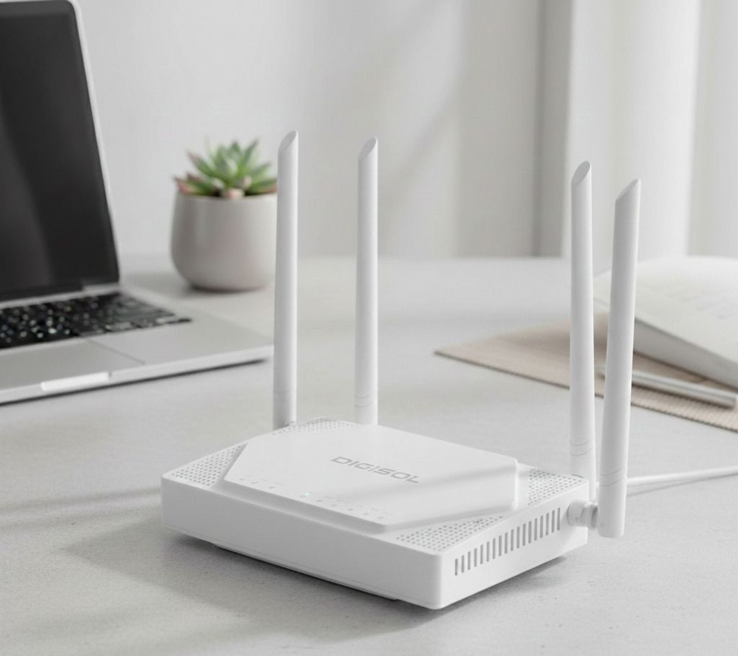 Image of DIGISOL DG-GR6821AC - FTTH XPON ONU 1200 Mbps Wi-Fi Router with 1 PON, 2 GE Port Gaming Router 2.1 GHz, 5 GHz 1200 Mbps Wifi Speed Dual Band External Antenna ADSL (Telephone), Access Point Mode, Both (Ethernet and ADSL), Ethernet (Cable Broadband), VDSL