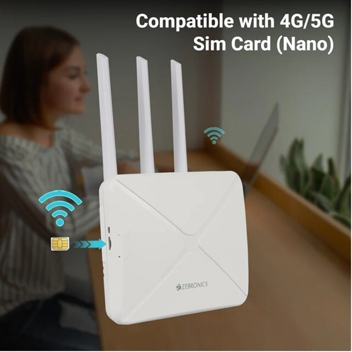 Image of ZEBRONICS WiFi and LAN Connectivity|Compatible with 4G /5G Sim Card 4G Router 2.4 GHz 300 Mbps Wifi Speed Quad Band Internal & External Antenna MiFi (Sim Based)