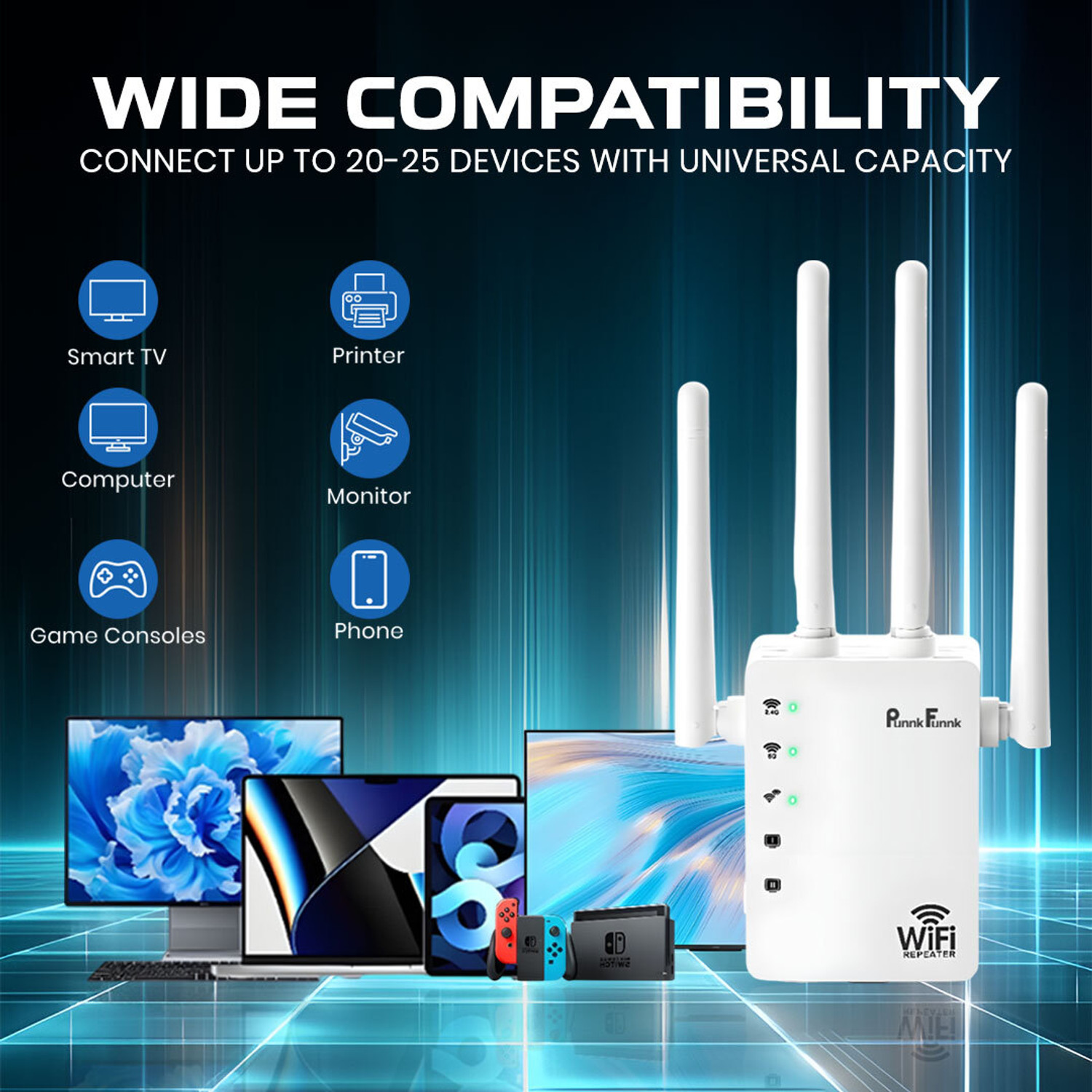 Image of PunnkFunnk Repeater WiFi Range Extender 2.4 GHz 300 Mbps Wifi Speed Dual Band External Antenna Ethernet (Cable Broadband)