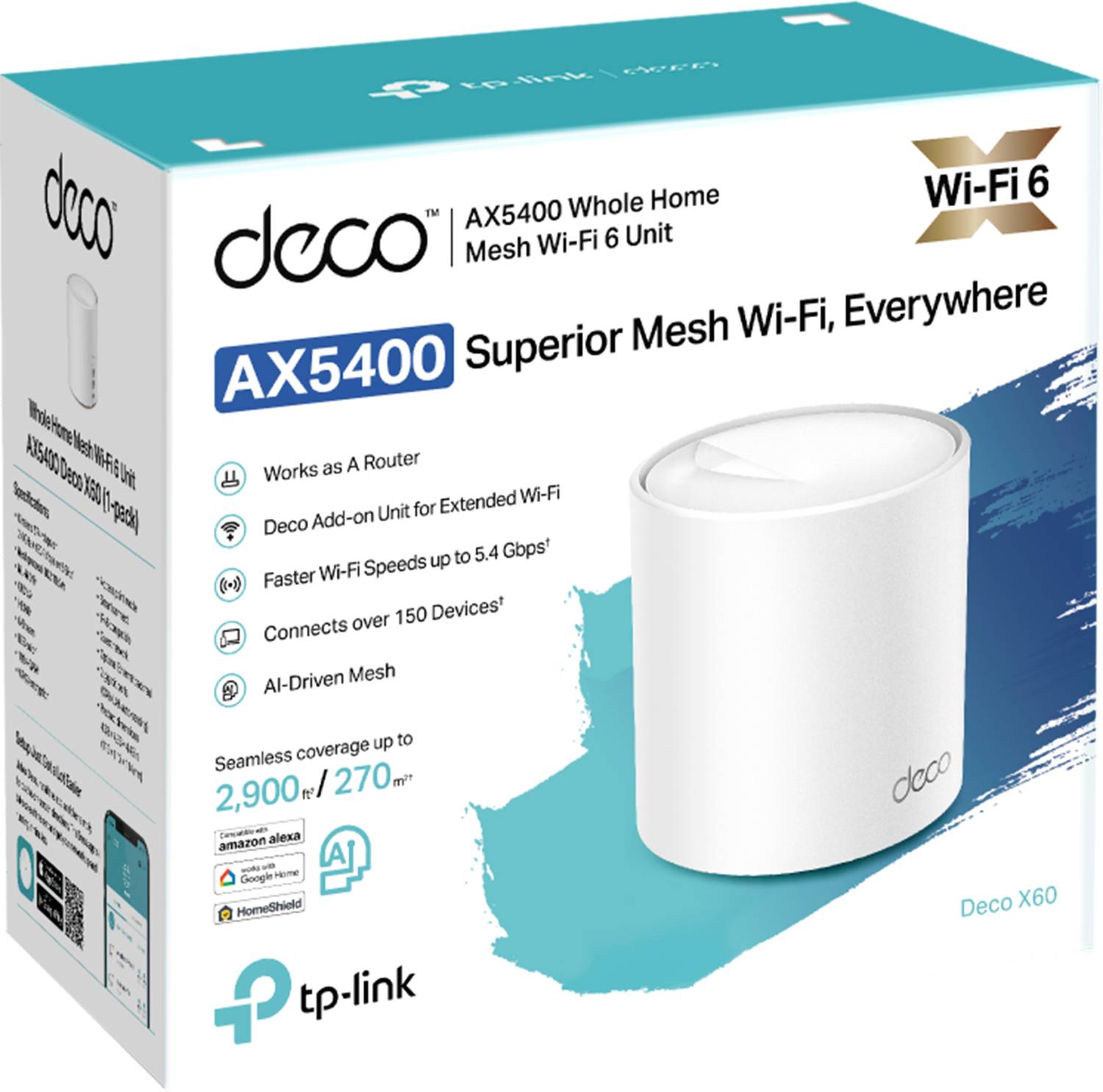 TP-Link Deco X60 AX5400 WiFi 6 Whole Home Mesh Router 2.4 GHz, 5