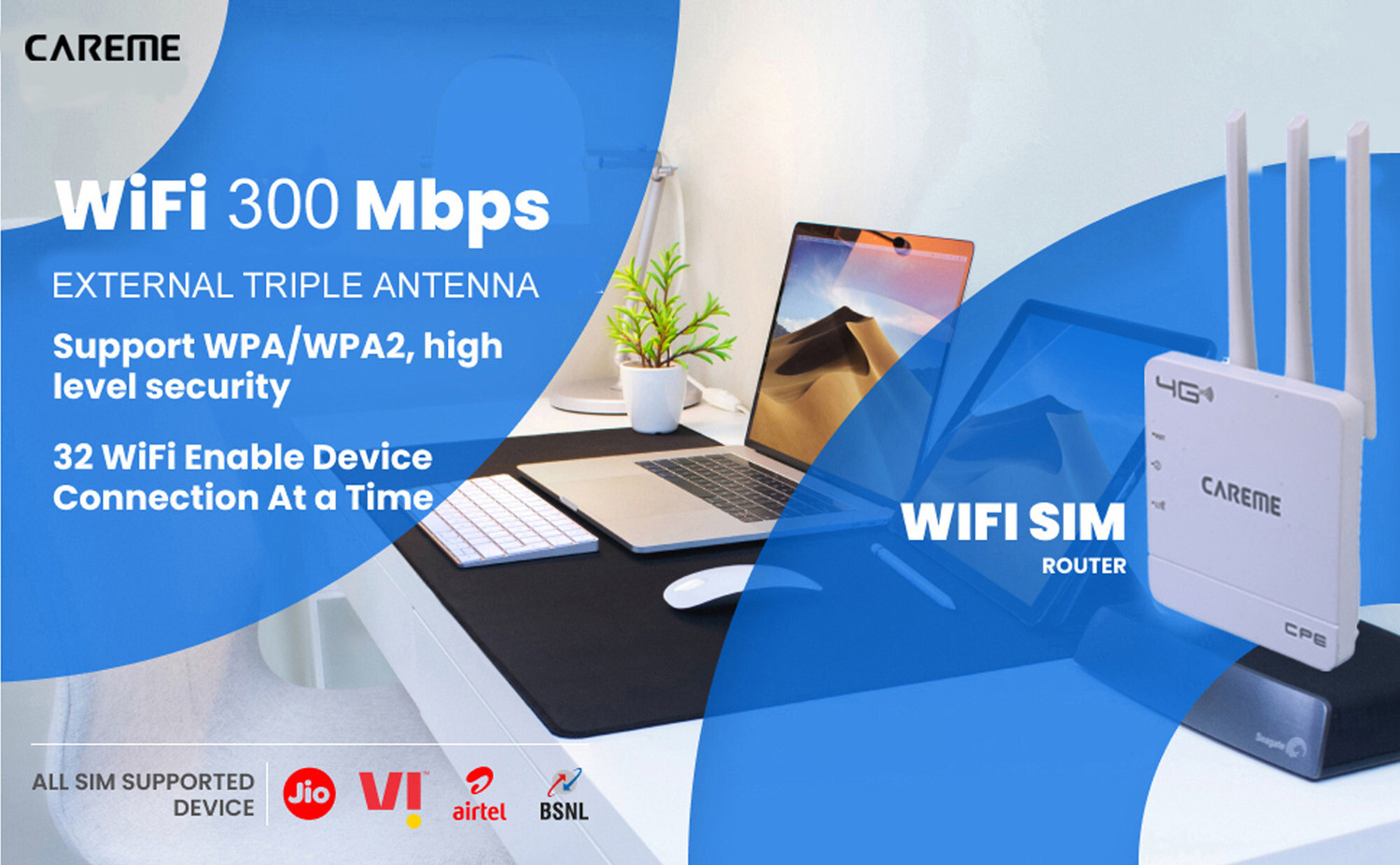 Image of CareME 5G & 4G Sim Router with Triple Antenna Connect with DVR /NVR /WiFi Camera 4G Router 2.4 GHz 300 Mbps Wifi Speed NA External Antenna MiFi (Sim Based)