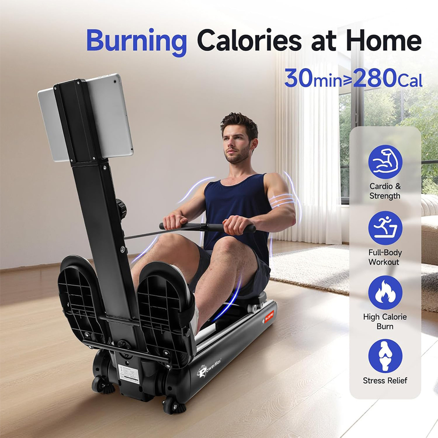 Image of Powermax Fitness RH-330PRO Premium Rower Cardio Equipment for Home-Gym, Bluetooth, 130kg max user Rowing Machine