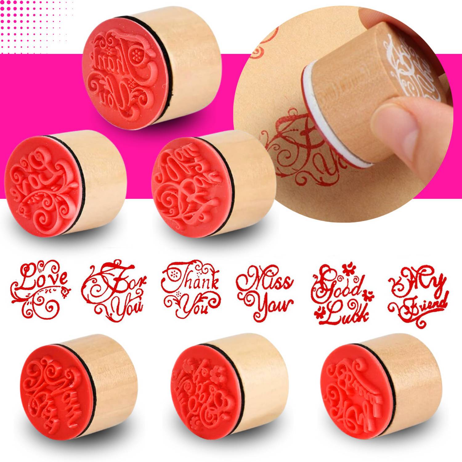 ARTYO 6 Pc Wooden Round Block Word Stamps for Painting Scrapbooking Journaling Miss You, for You, Thank You, My Friend, Love, Good Luck Wooden Round Block Word Stamps