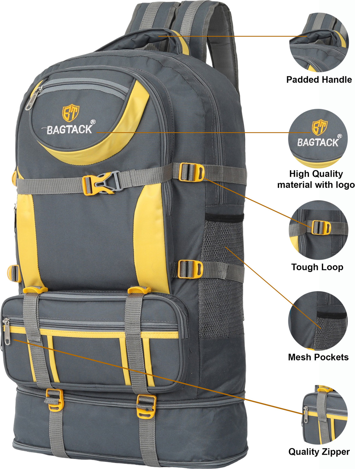Image of Bagtack Hi-Capacity Travel Rucksack Outdoor Sport Hiking Bag Trekking Bag 65 L Rucksack - 65 L (Grey)