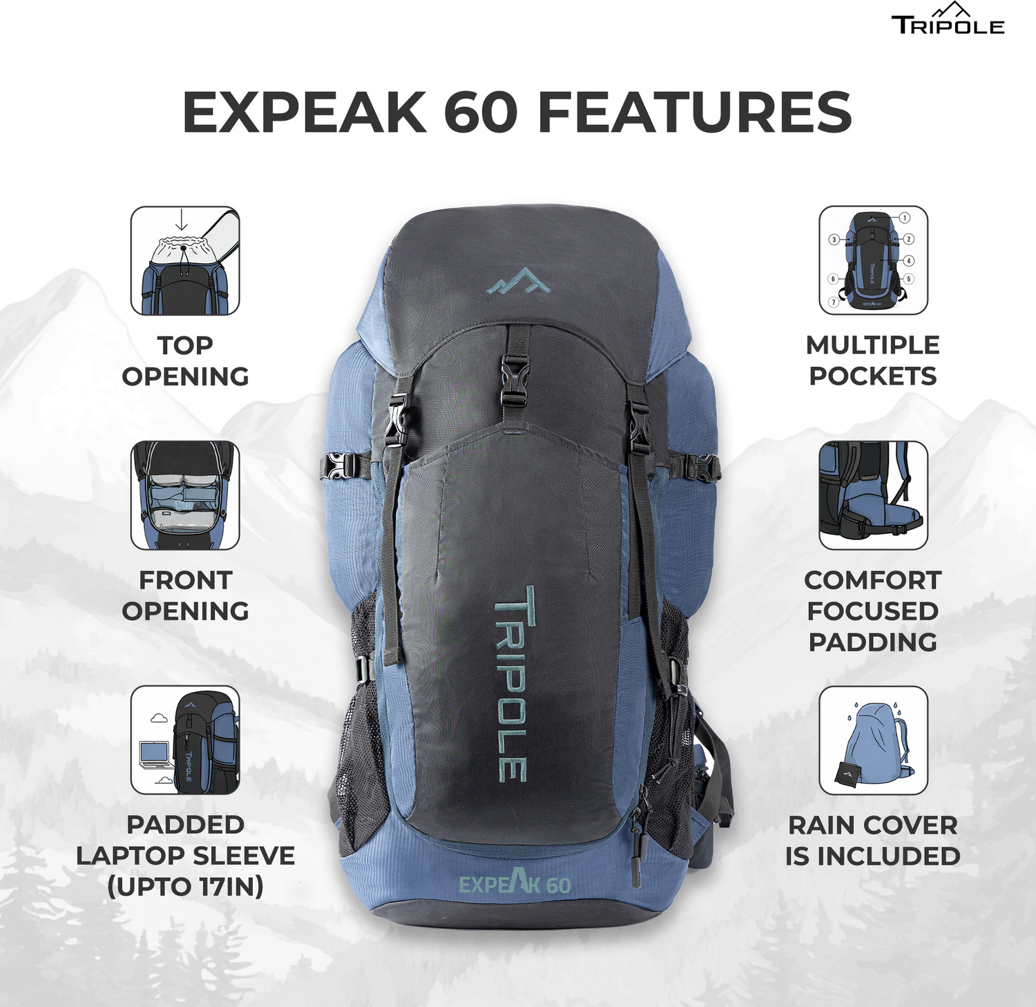 Image of Tripole Expeak 60L Rucksack Bag | Front Opening, Laptop Compartment & Raincover Rucksack - 60 L