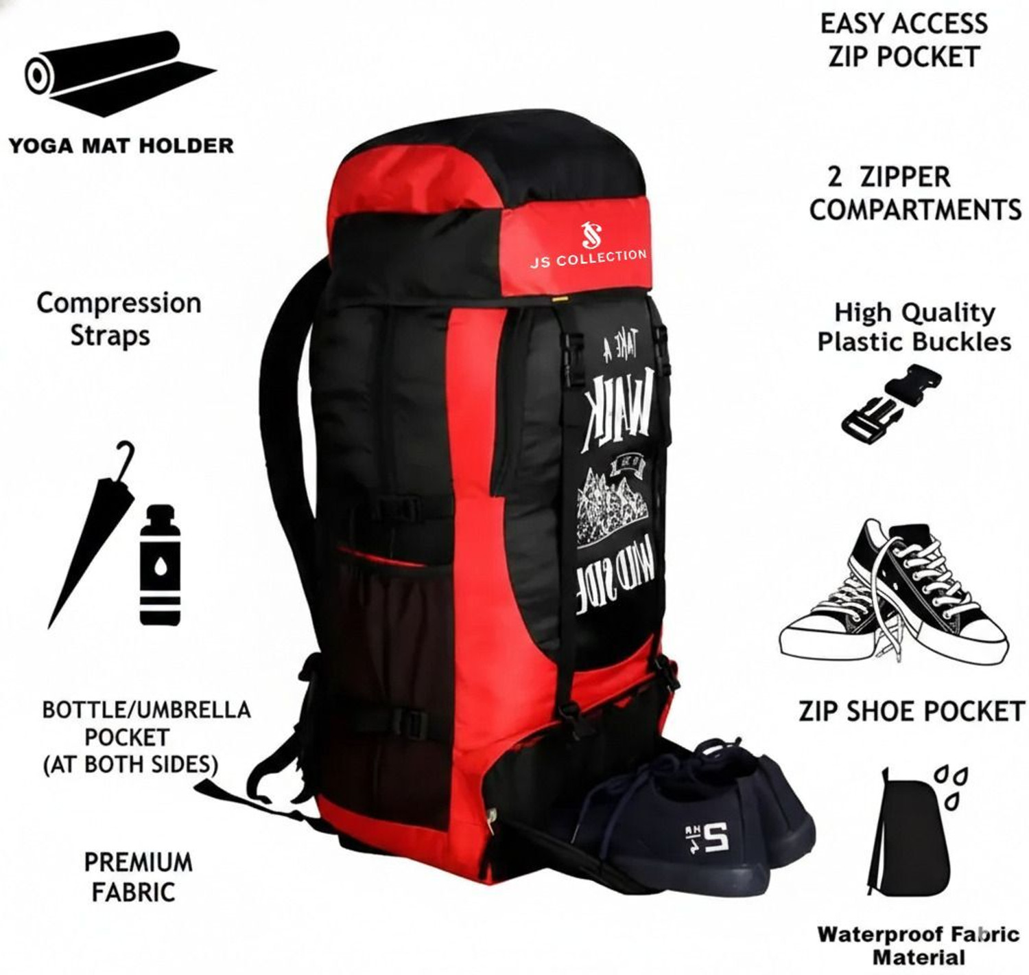 Image of JS COLLECTION 75L Mountain Rucksacks Hiking Trekking Camping Bag Travel Backpack Rucksack RED Rucksack - 75 L