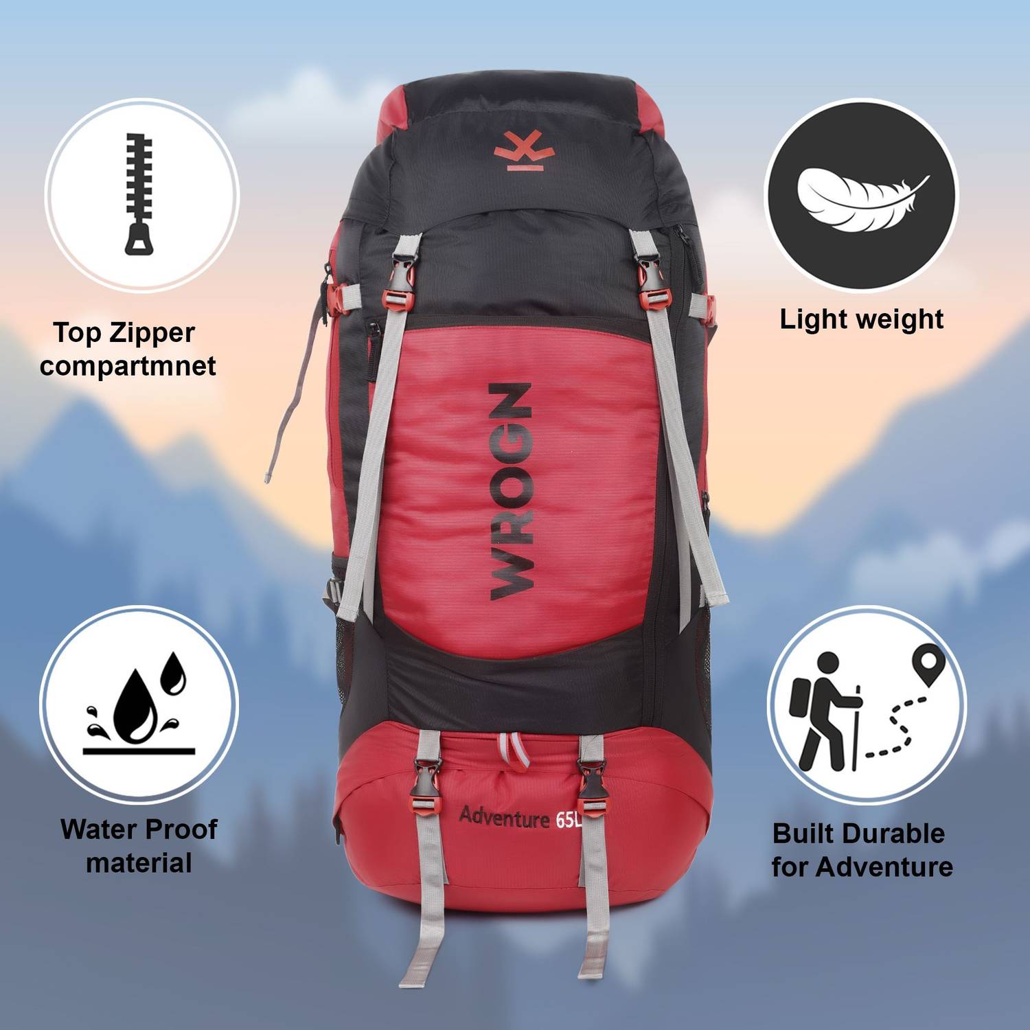 WROGN 65L Trekking Bag with Rain Cover & Shoe Compartment - Image 4