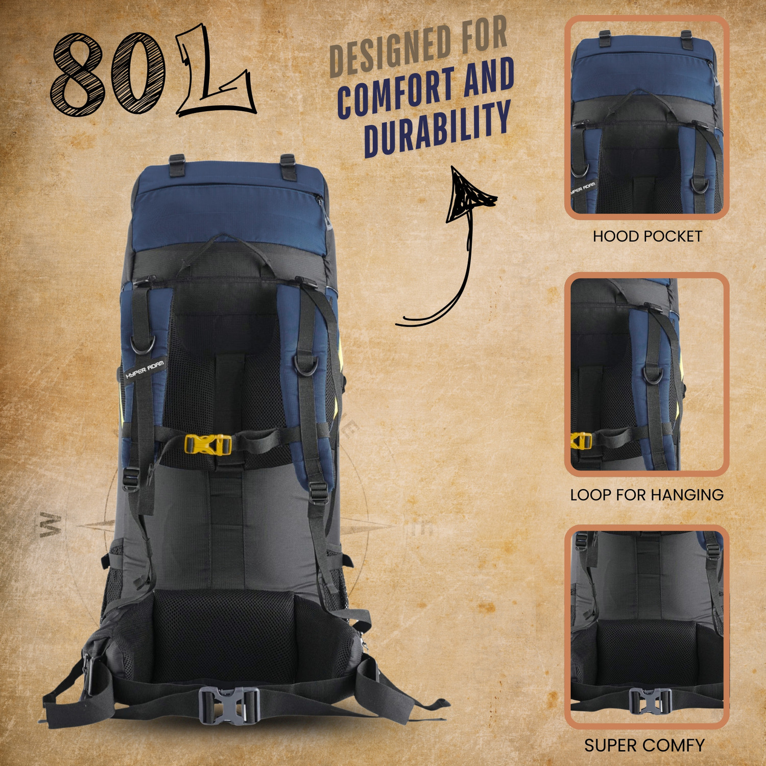 Image of Hyper Adam Trekking Bag for Men & Women with Water Proof Rain Cover /Shoe Compartment Rucksack - 80 L