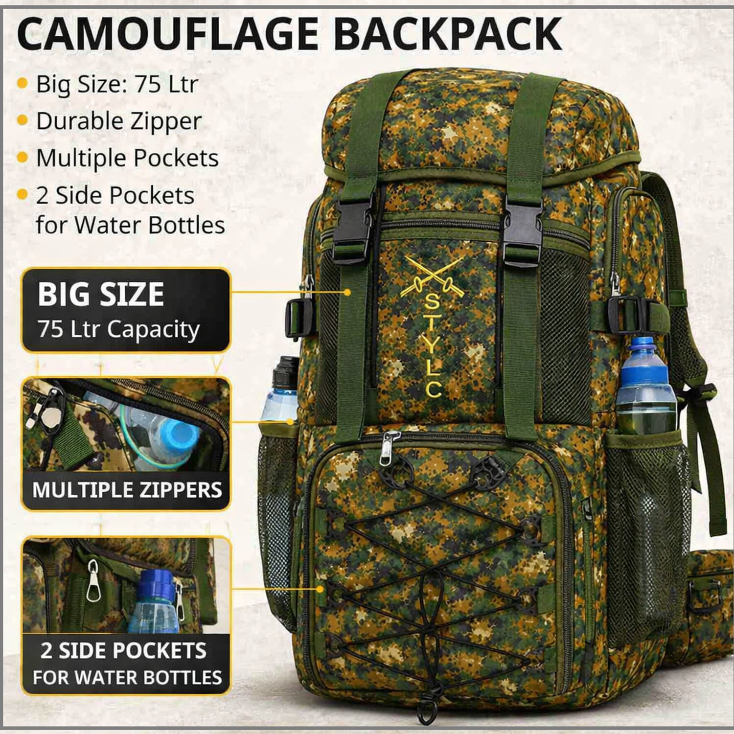 Image of Fipple Big Size Hiking Backpack and Trekking Bag for Outing and Travel Rucksack - 65 L (Green)