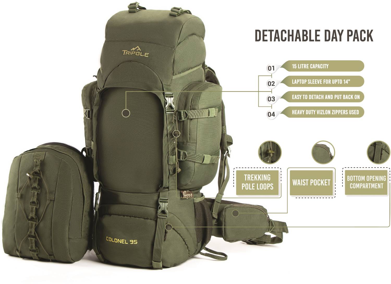 Tripole Colonel 95L Rucksack with Detachable Day Pack - Image 2