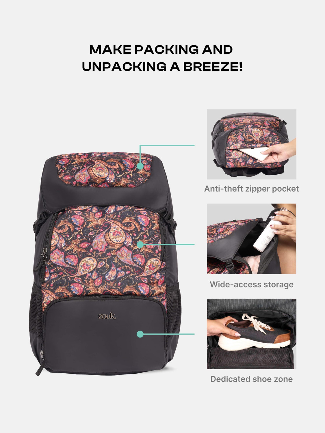 Image of ZOUK Paisley Print Aarohi Rucksack Rucksack - 30.62 L