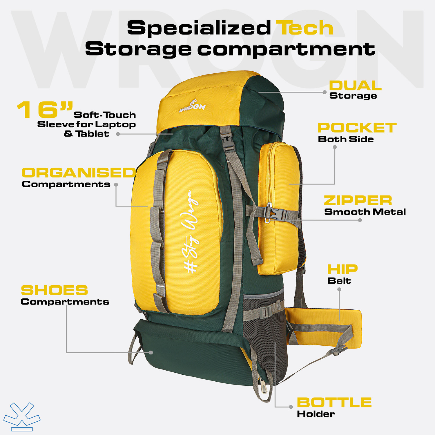 Image of WROGN Terra-Mapper 70L Trekking & Hiking Rucksack with Topographic Print Rucksack - 70 L