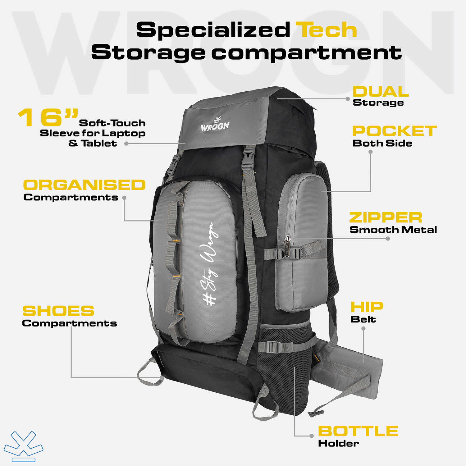 Image of WROGN Terra-Mapper 70L Trekking & Hiking Rucksack with Topographic Print Rucksack - 70 L