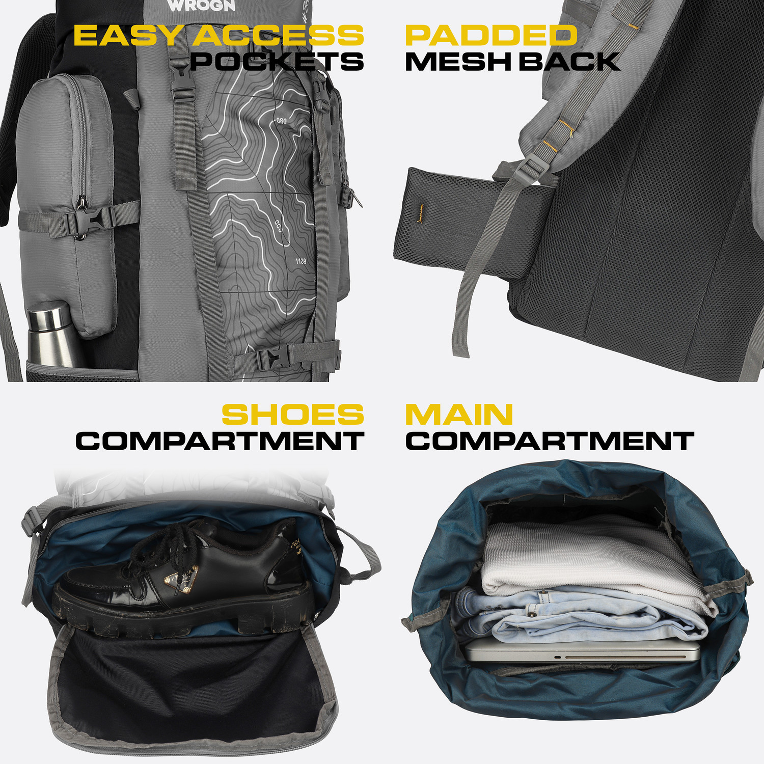 Image of WROGN Trekking Rucksack Water Resistant Hiking Backpack TopographicPrint Padded Straps Rucksack - 75 L