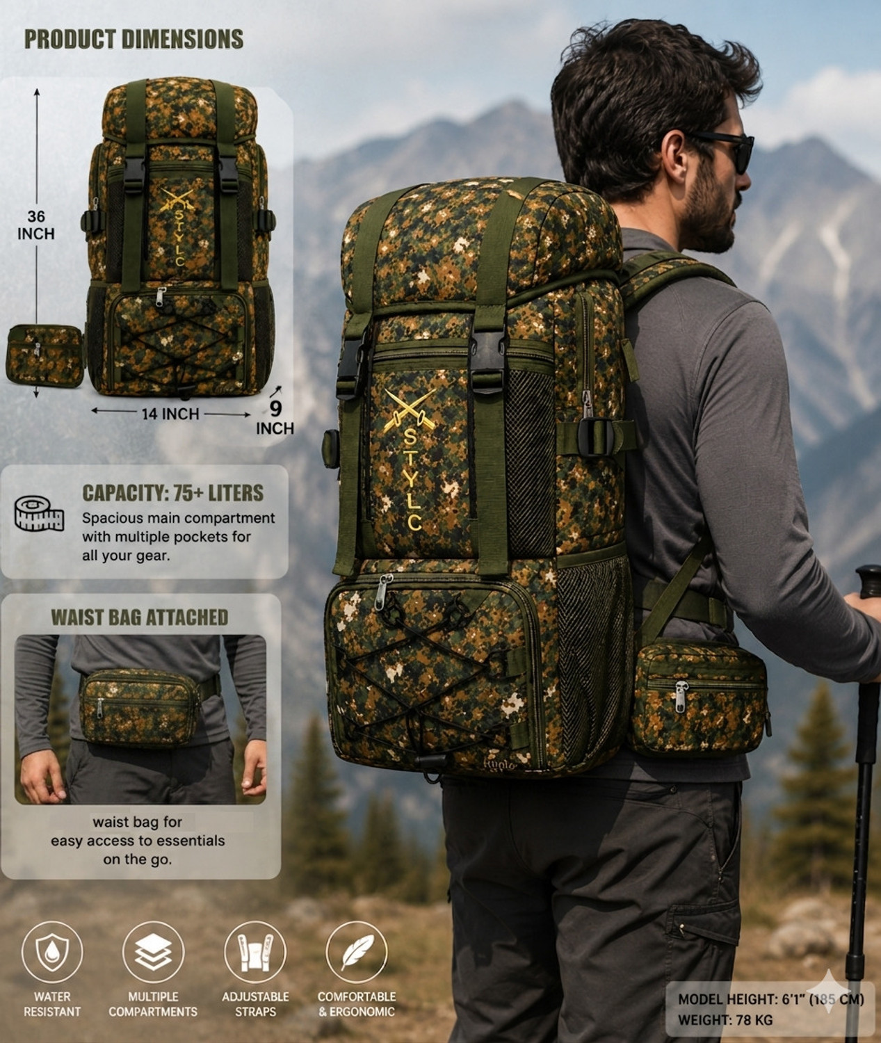 Image of Fipple Big Size Hiking Backpack and Trekking Bag for Outing and Travel Rucksack - 65 L (Green)