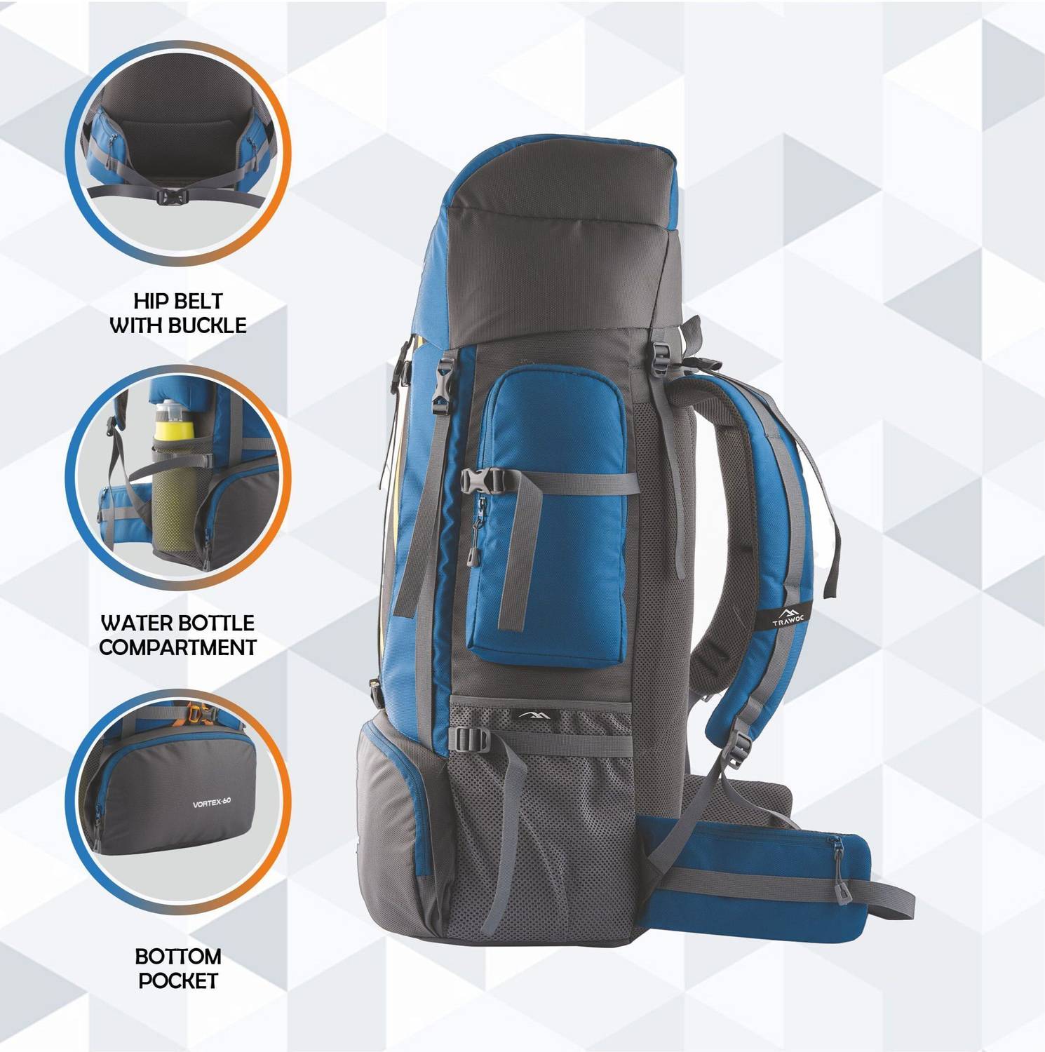 TRAWOC VORTEX 60L Travel Backpack Hiking Trekking Bag for Men