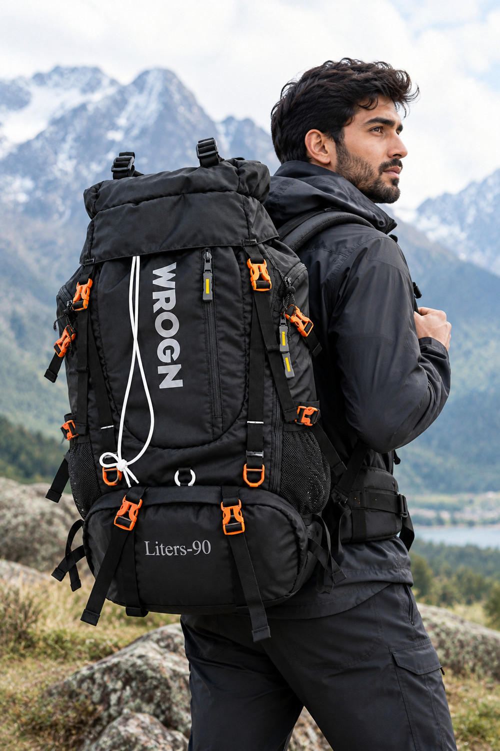 Image of WROGN 90L Trekking Backpack for Men & Women, Large Hiking Travel Rucksack, Grey Rucksack - 90 L (Black)