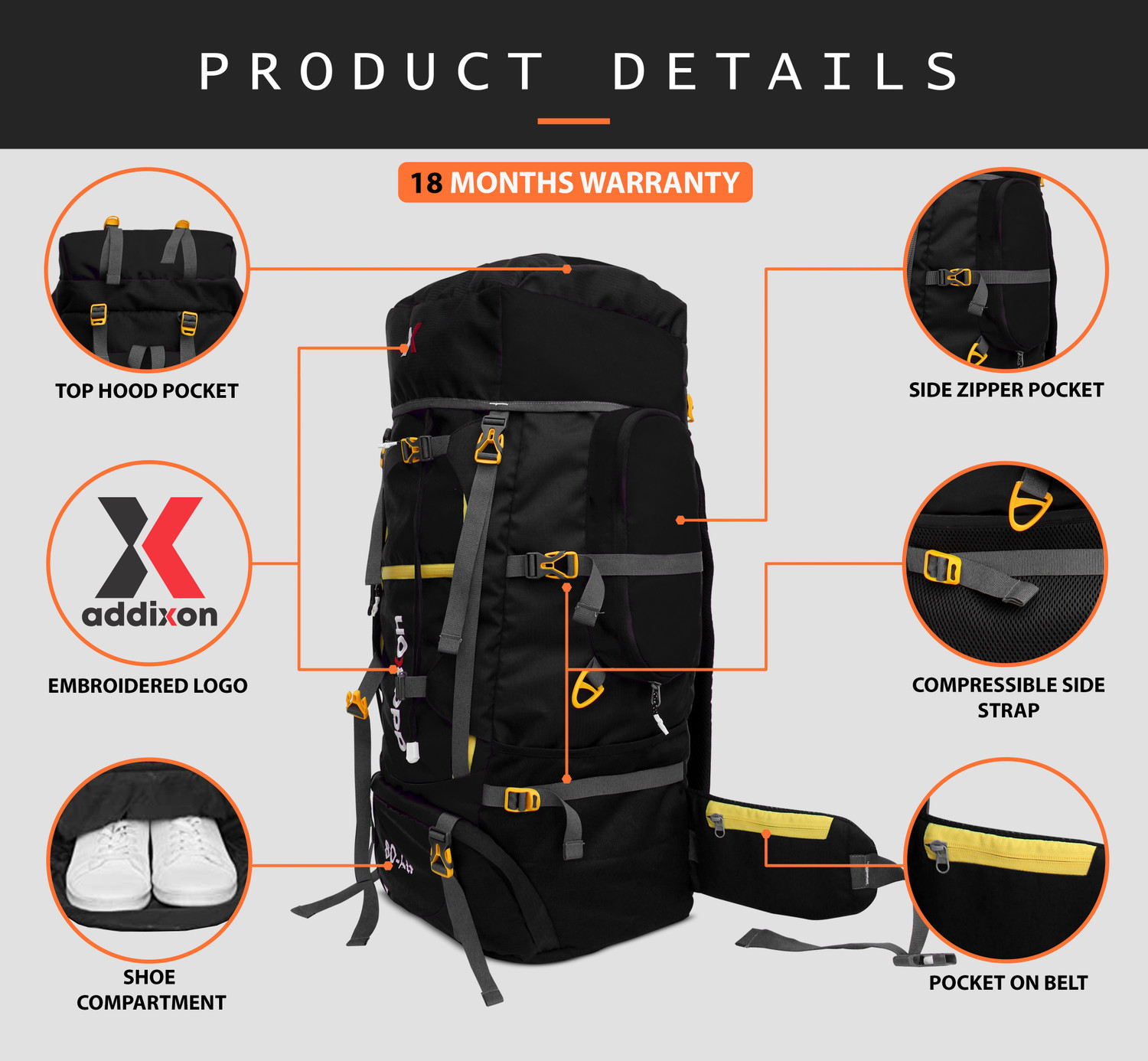 Image of addixon TRAVEL HIKING BAGPACKS RUCKSACK TRAVEL BACKPACK FOR ADVENTURES Rucksack - 80 L Rucksack - 80 L