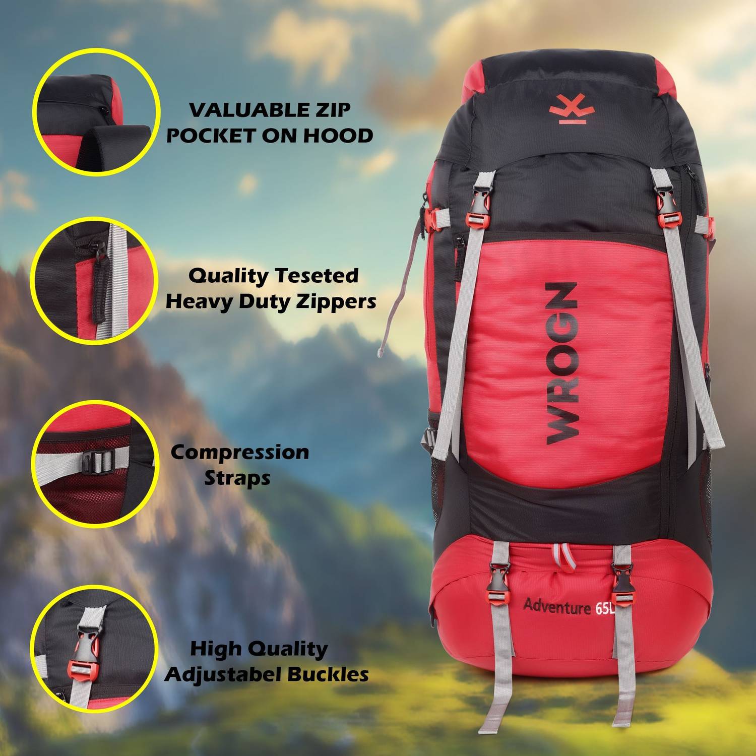 WROGN 65L Trekking Bag with Rain Cover & Shoe Compartment - Image 2