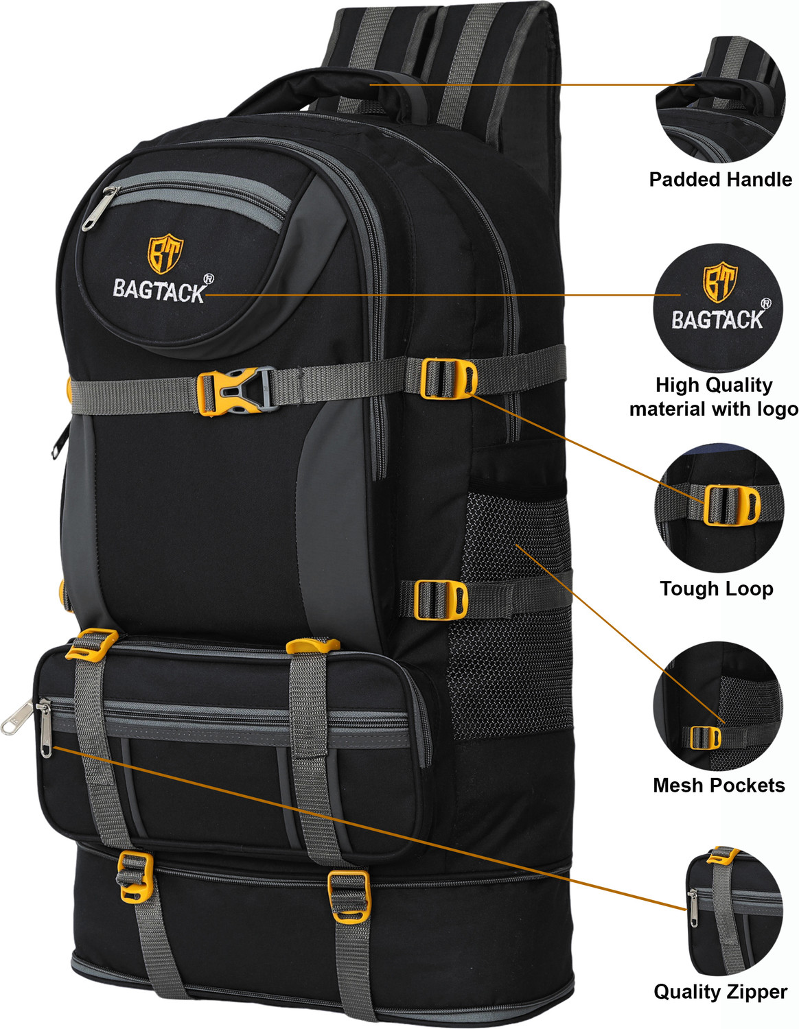 Image of Bagtack Hi-Capacity Travel Rucksack Outdoor Sport Hiking Bag Trekking Bag 65 L Rucksack - 65 L (Black)