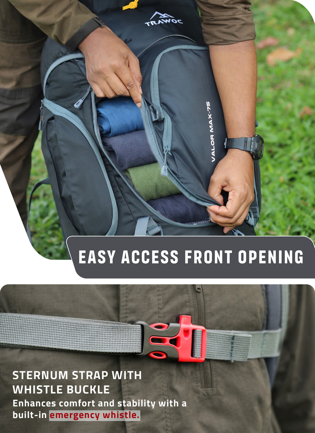 Image of TRAWOC VALOR MAX 75L Travel Backpack Camping Hiking Bag Rain Cover Shoe Compartment Rucksack - 75 L