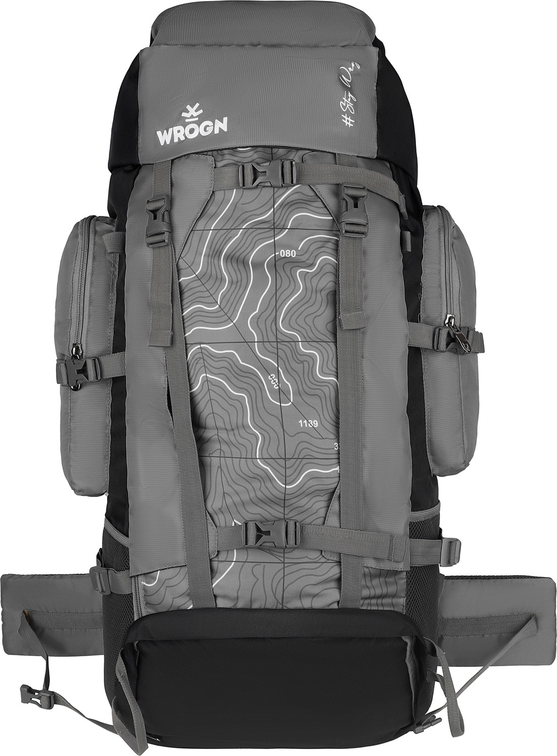 Image of WROGN Trekking Rucksack Water Resistant Hiking Backpack TopographicPrint Padded Straps Rucksack - 75 L