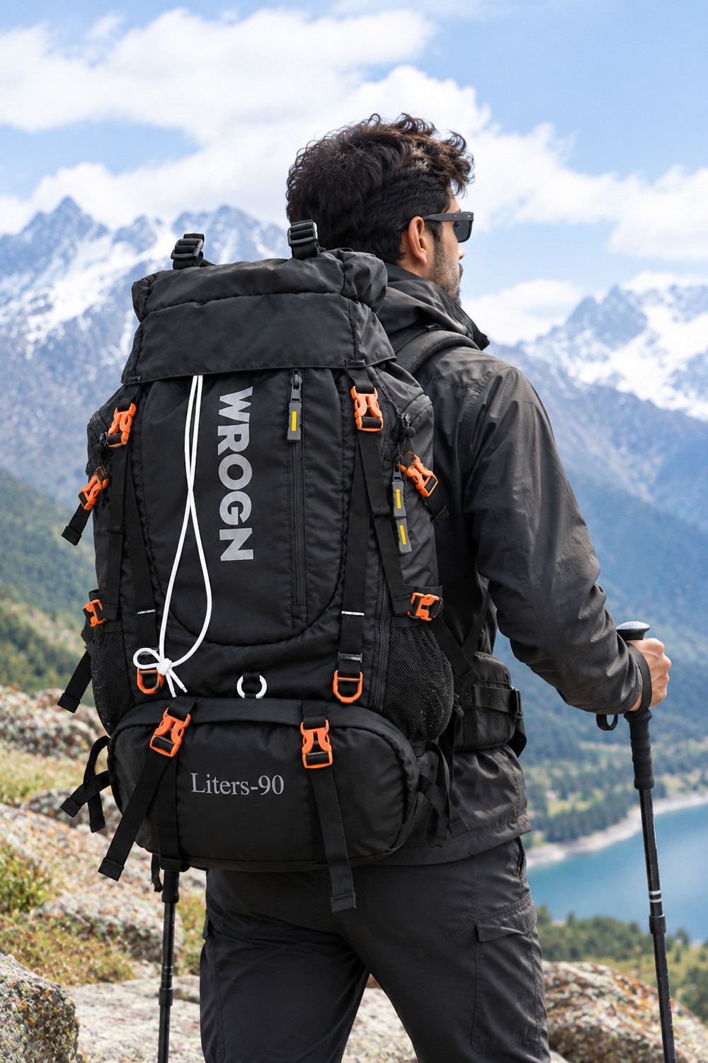 Image of WROGN 90L Trekking Backpack for Men & Women, Large Hiking Travel Rucksack, Grey Rucksack - 90 L (Black)