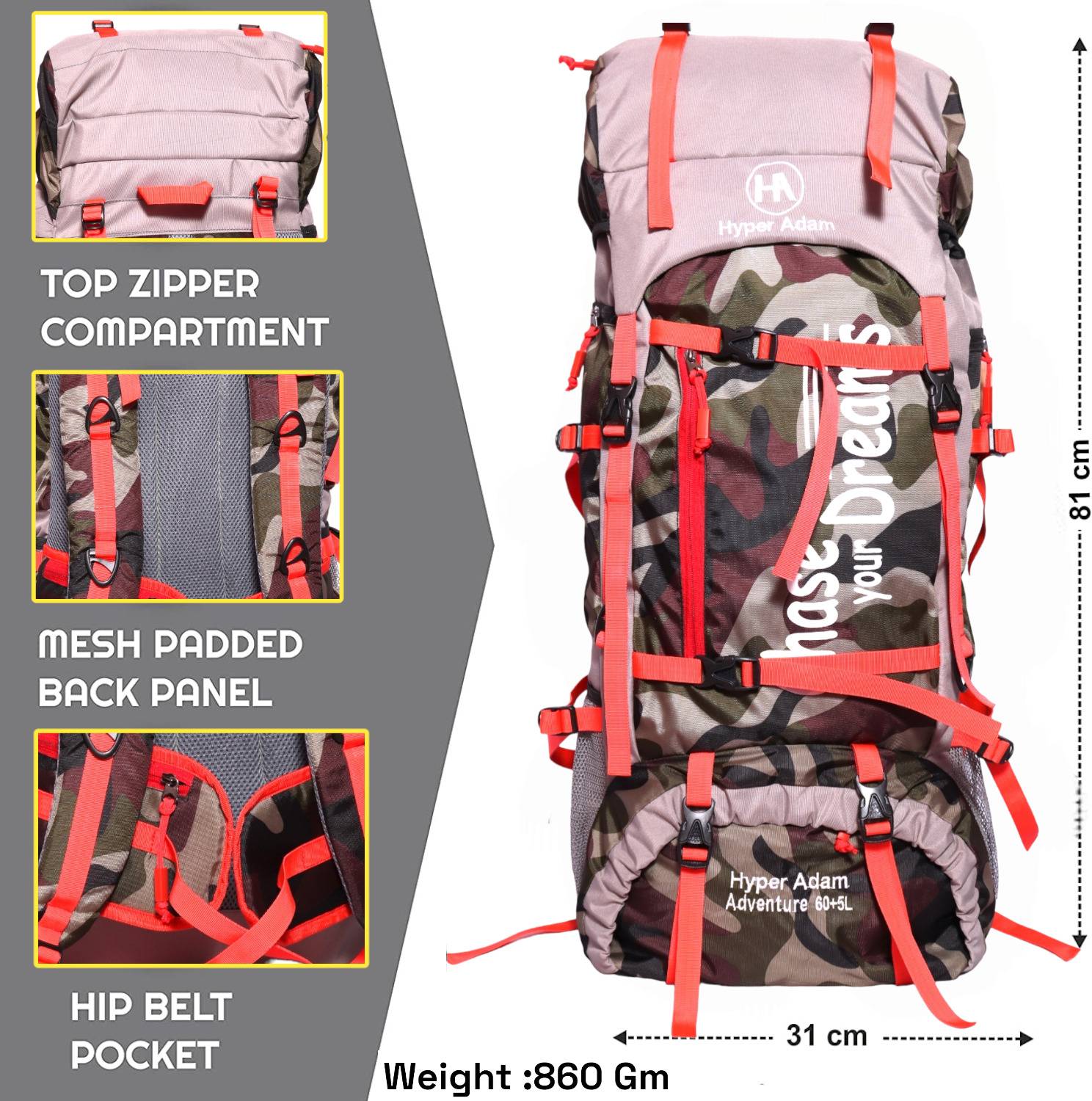 Hyper Adam 65 L Rucksack Hiking Backpack Men And Women Unisex Trekking