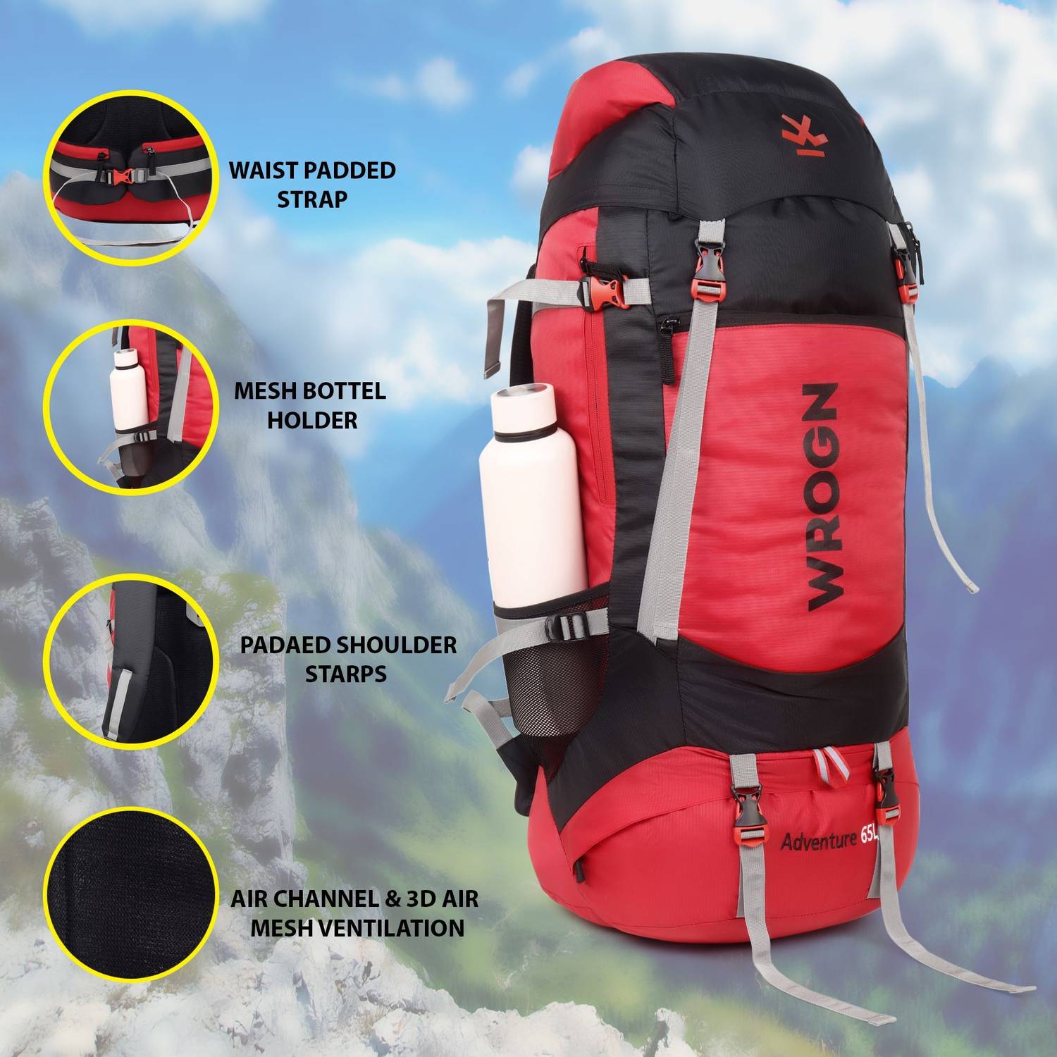 WROGN 65L Trekking Bag with Rain Cover & Shoe Compartment - Image 3