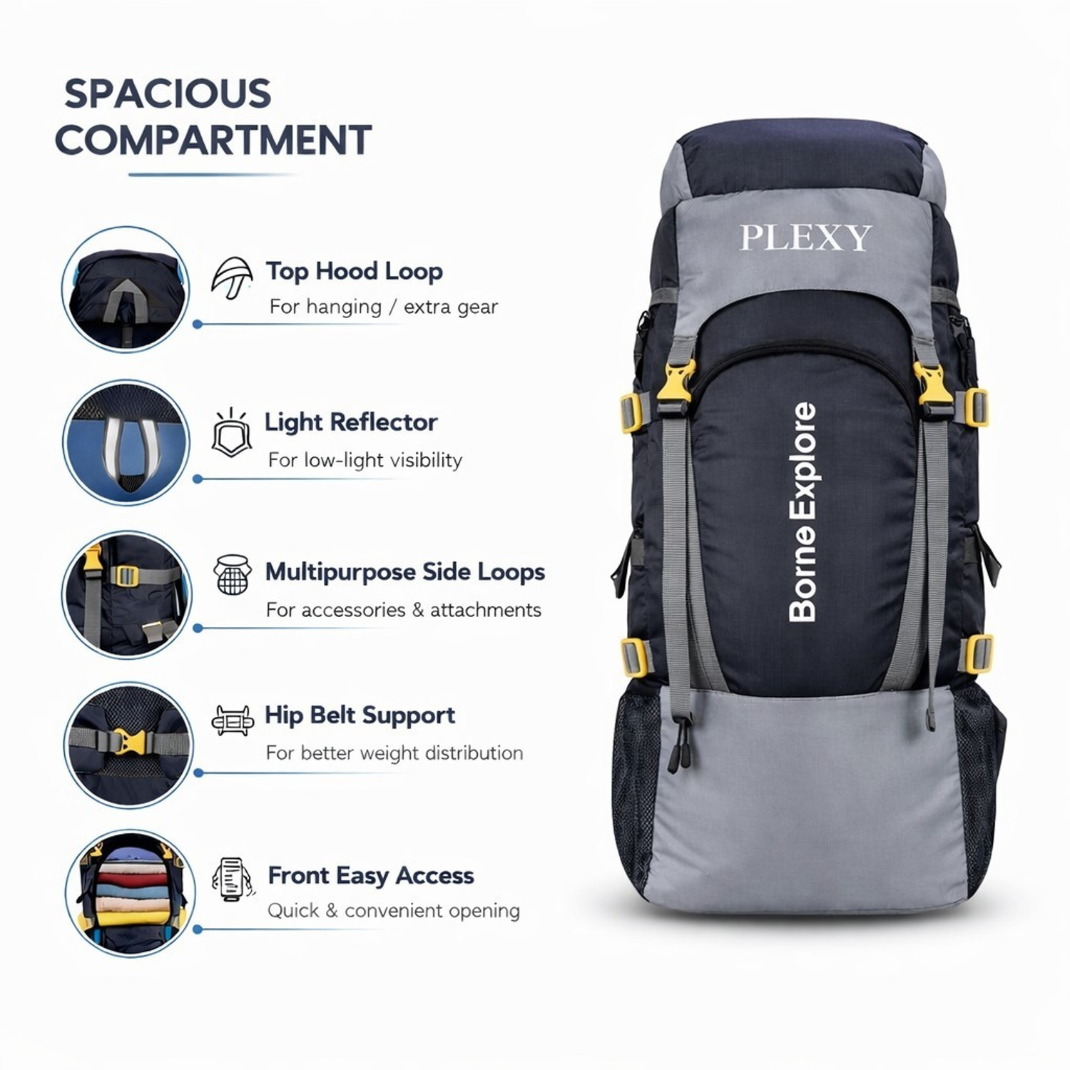 Image of PLEXY Waterproof Trekking Hiking Camping Outdoor Tour & Travel bag with Rain Cover Rucksack - 60 L (Grey)