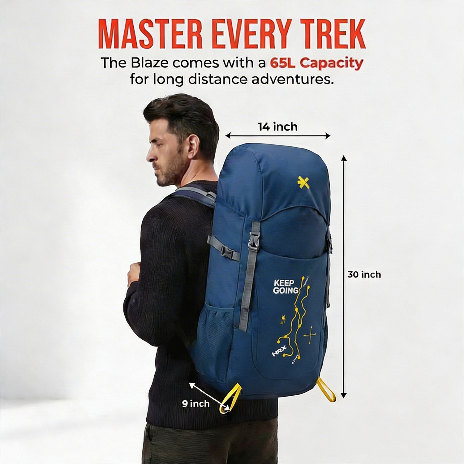 Image of HRX by Hrithik Roshan Blaze High Quality Trekking Hiking Camping Bag Travel Backpack Rucksack Rucksack - 65 L