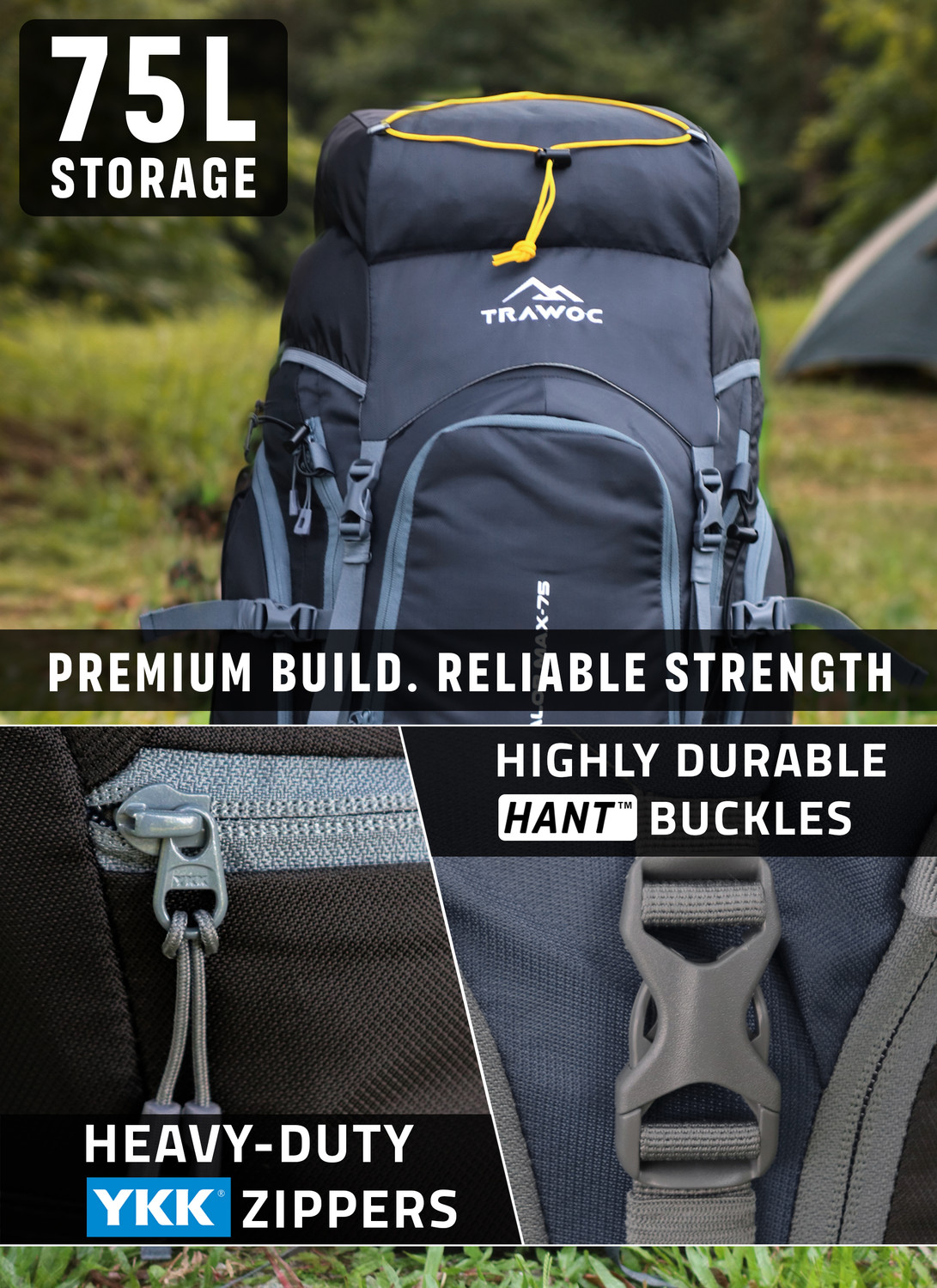 Image of TRAWOC VALOR MAX 75L Travel Backpack Camping Hiking Bag Rain Cover Shoe Compartment Rucksack - 75 L