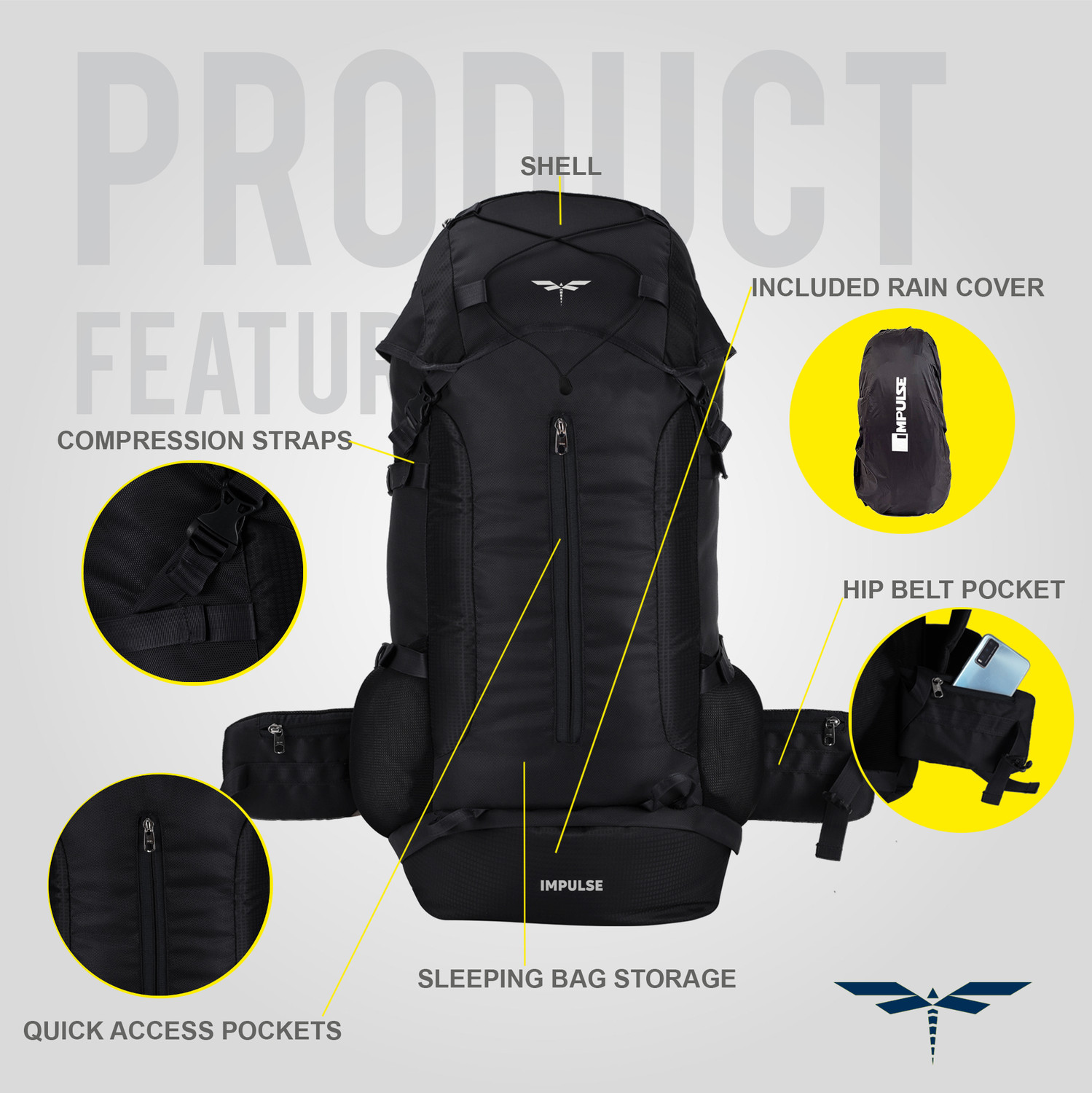 Image of IMPULSE travel bag for men tourist bag backpack for hiking trekking camping Rucksack - 65 L