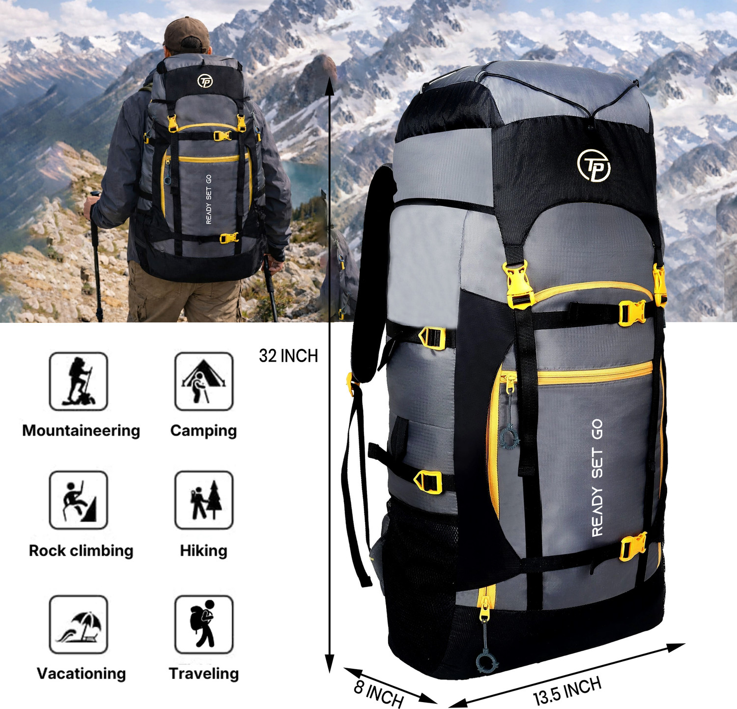 Image of TRAVEL POINT WATERPROOF TREKKING BAG HIKKING BACKPACK FOR TRAVEL & OUTDOOR Rucksack - 60 L