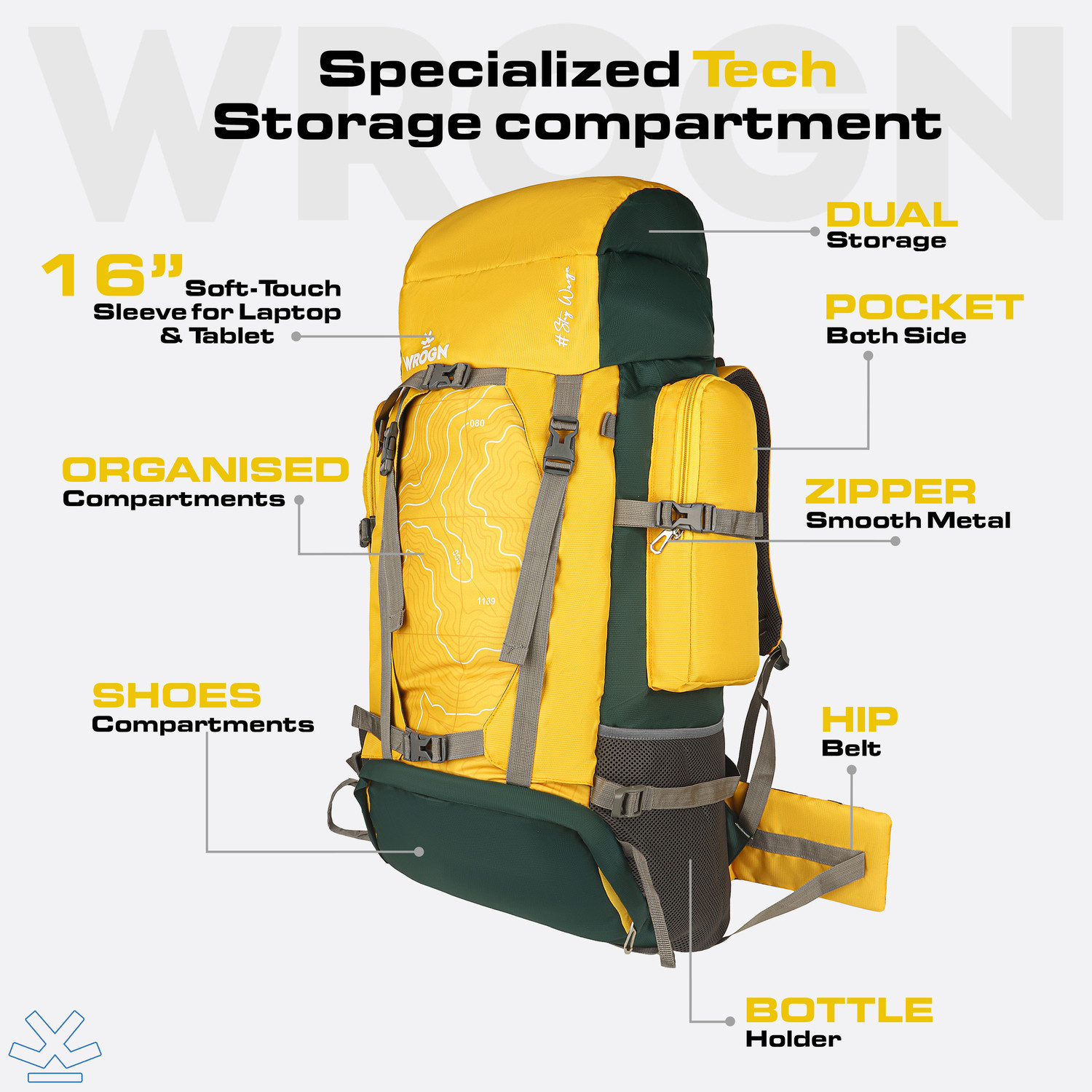Image of WROGN Trekking Rucksack Water Resistant Hiking Backpack TopographicPrint Padded Straps Rucksack - 75 L