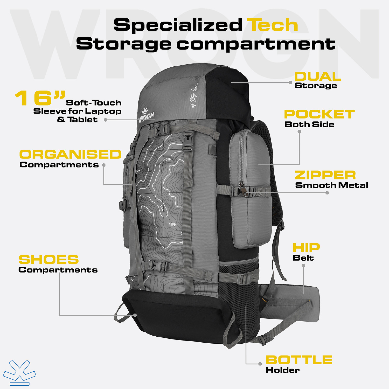 Image of WROGN Trekking Rucksack Water Resistant Hiking Backpack TopographicPrint Padded Straps Rucksack - 75 L