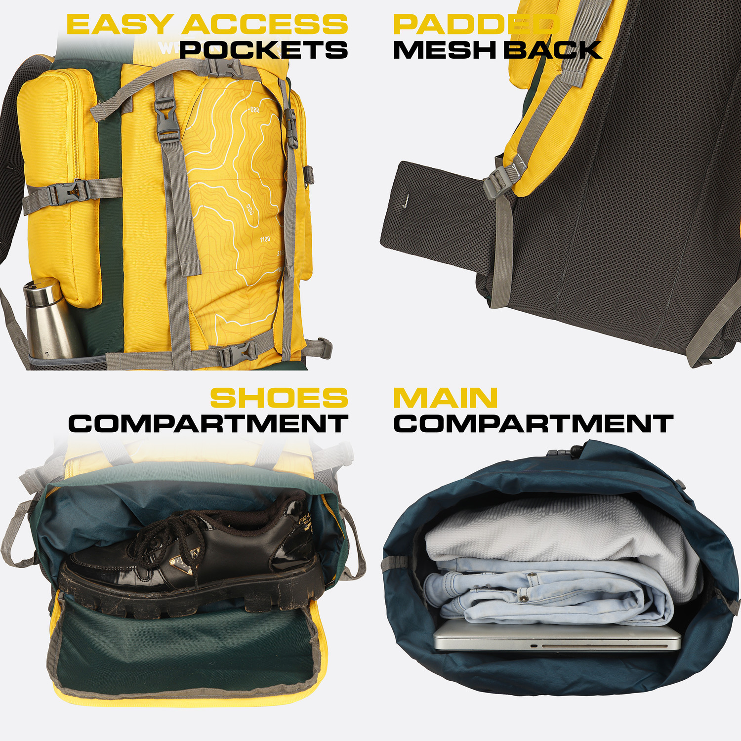 Image of WROGN Trekking Rucksack Water Resistant Hiking Backpack TopographicPrint Padded Straps Rucksack - 75 L