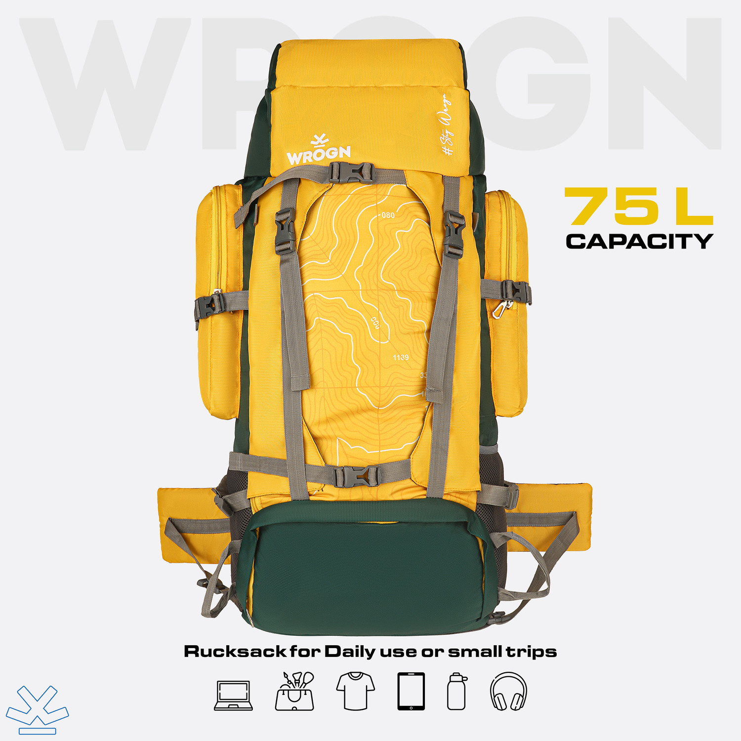 Image of WROGN Trekking Rucksack Water Resistant Hiking Backpack TopographicPrint Padded Straps Rucksack - 75 L