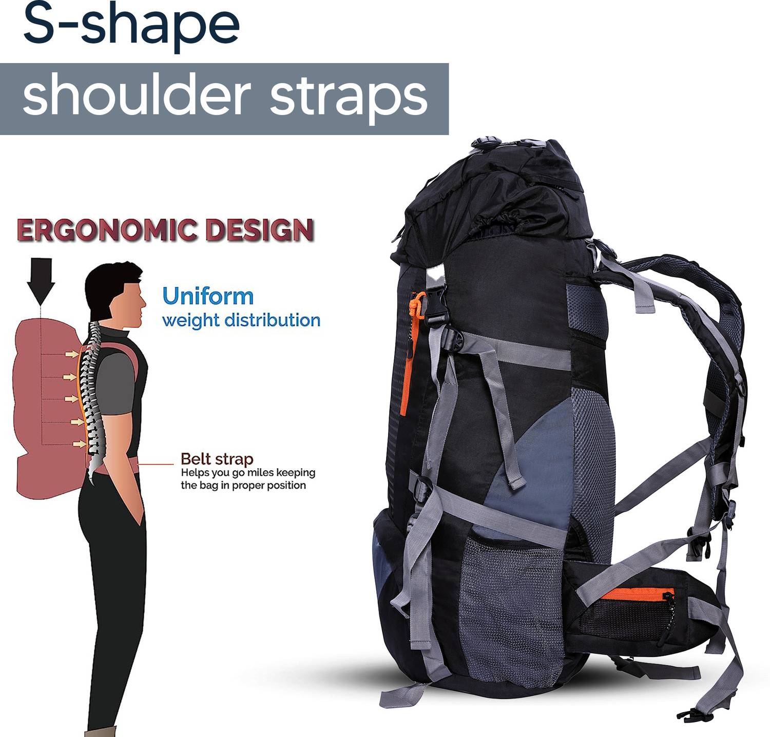 Hiking bag, Trekking Backpack with rain cover Rucksack - 70L -Black Rucksack - 70 L - Image 5