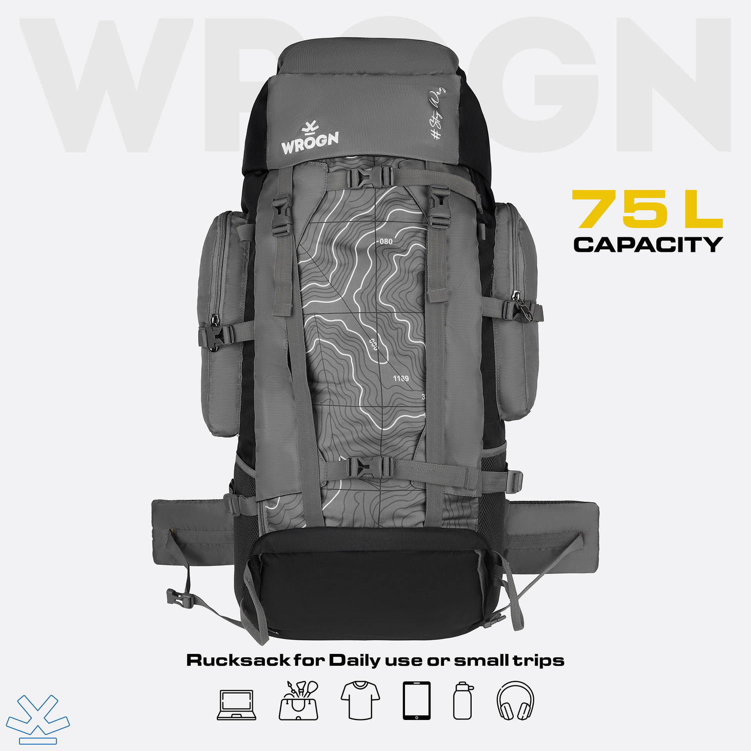 Image of WROGN Trekking Rucksack Water Resistant Hiking Backpack TopographicPrint Padded Straps Rucksack - 75 L