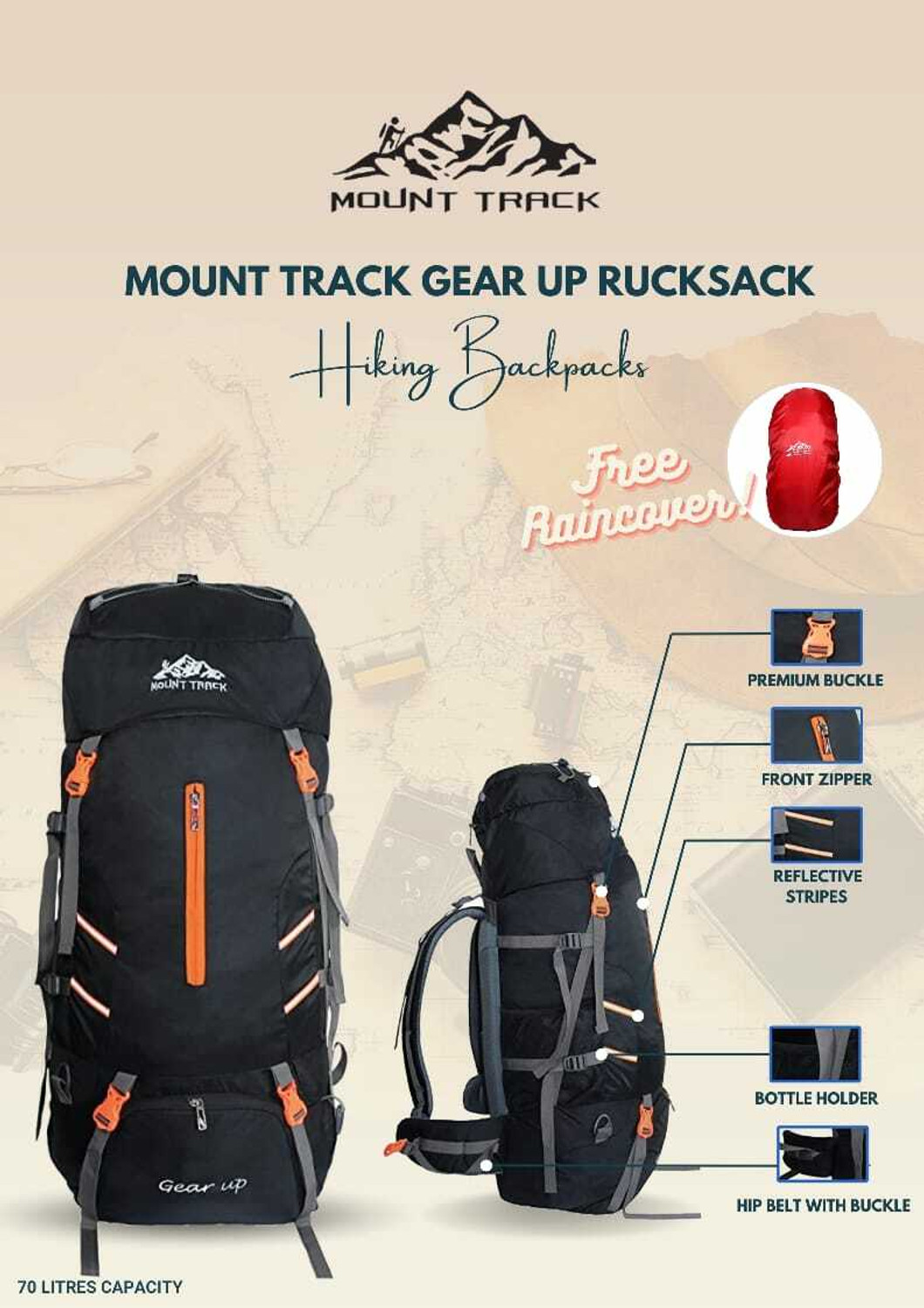 Image of MOUNT TRACK Adventure Series Rucksack, Hiking & Trekking Backpack Rucksack - 70 L