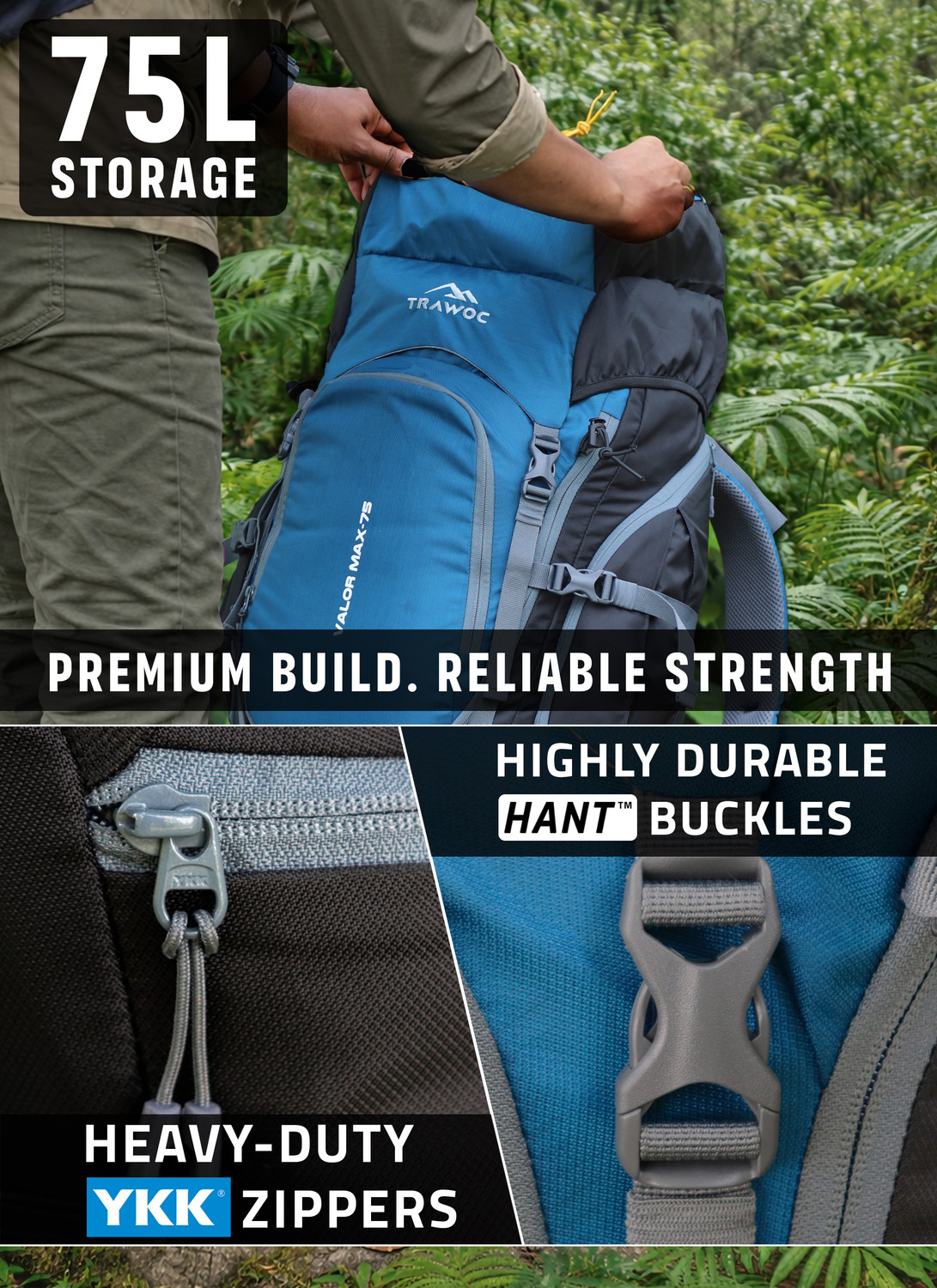 Image of TRAWOC VALOR MAX 75L Travel Backpack Camping Hiking Bag Rain Cover Shoe Compartment Rucksack - 75 L